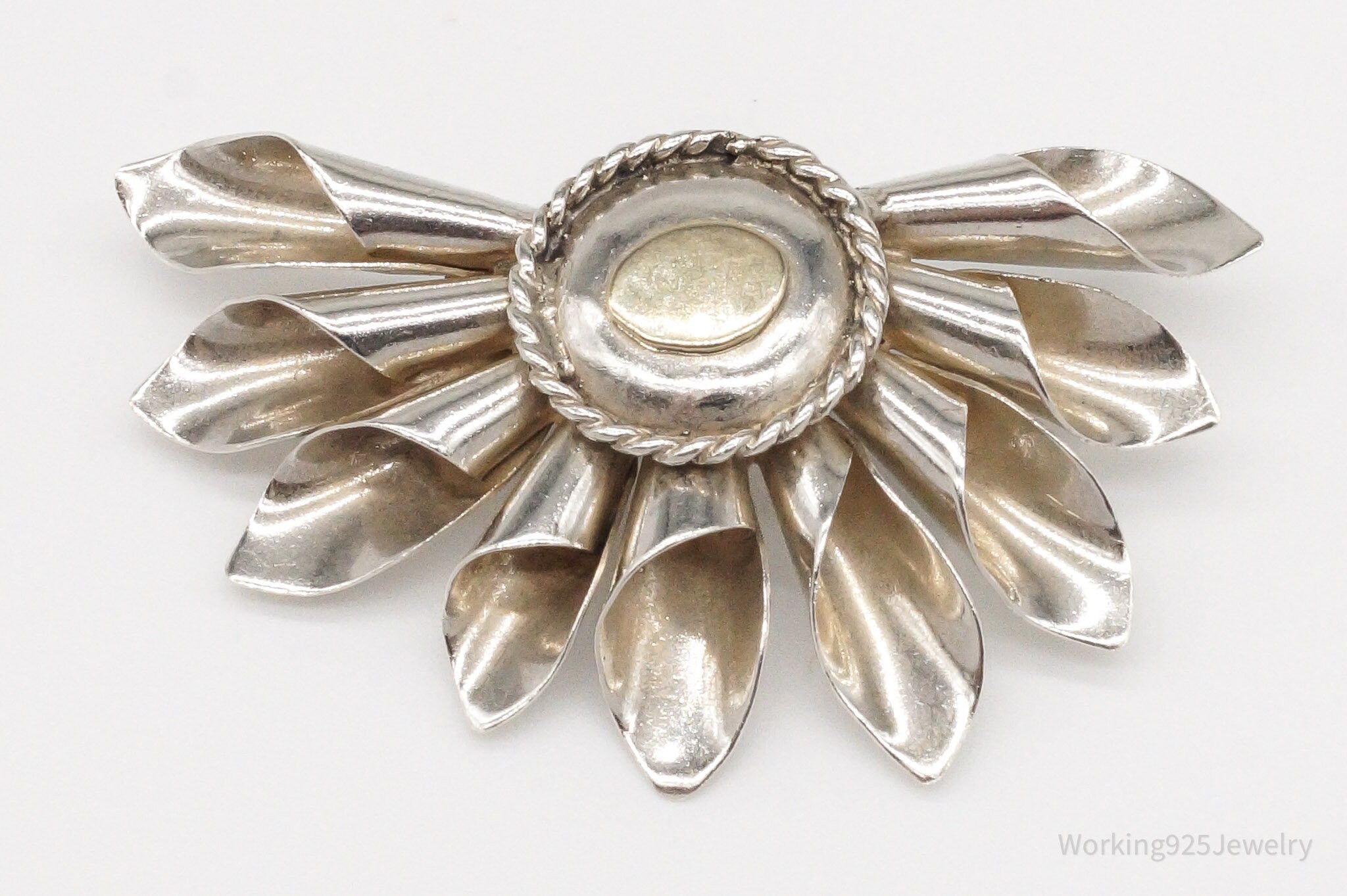 Vintage Modernist Half Flower Style Silver Brooch Pin