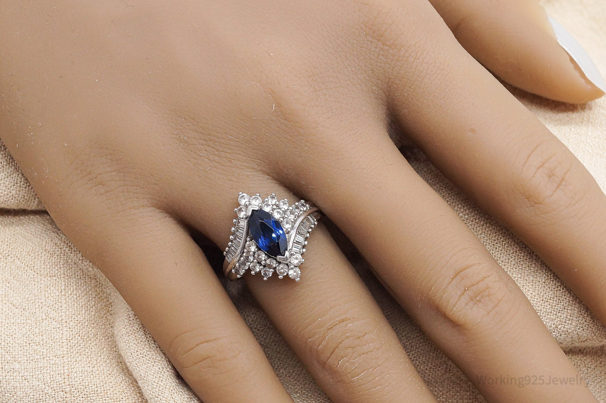 Vintage Lab Sapphire Cubic Zirconia Sterling Silver Ring - Size 6.75