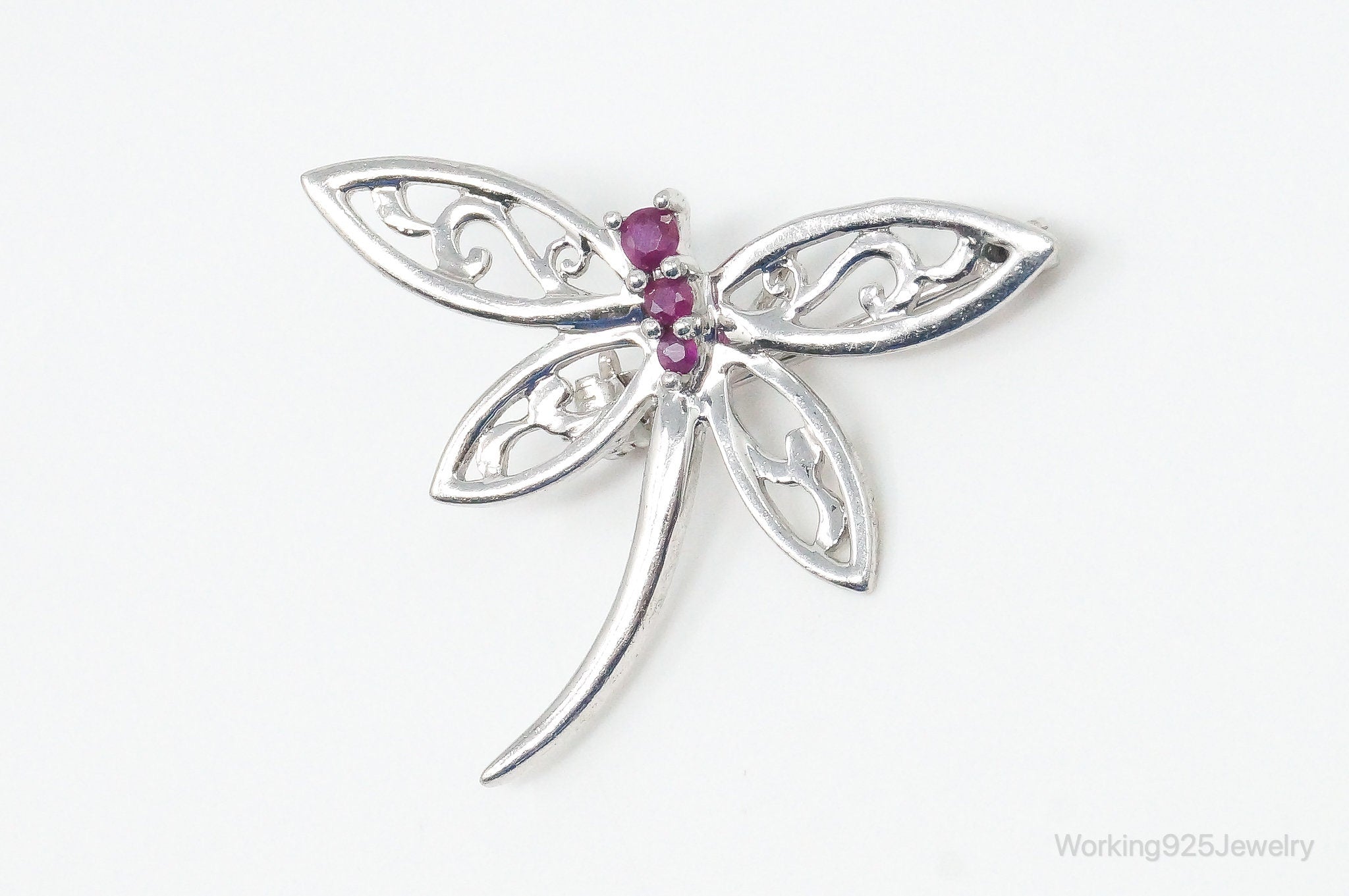 Vintage Ruby Dragonfly Sterling Silver Necklace Pendant Brooch Pin