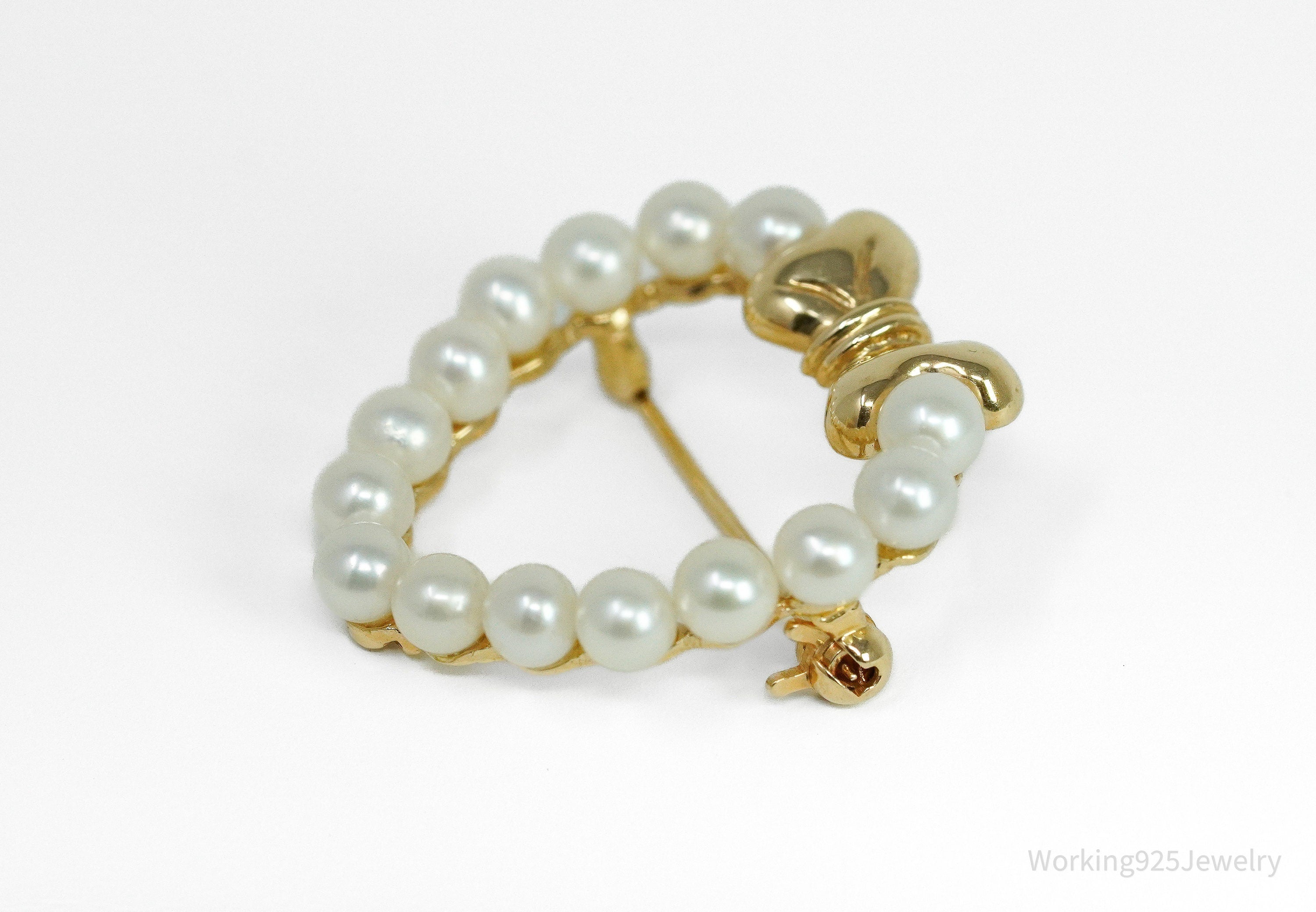 14K Yellow Gold & Saltwater Pearl Heart Brooch Pin