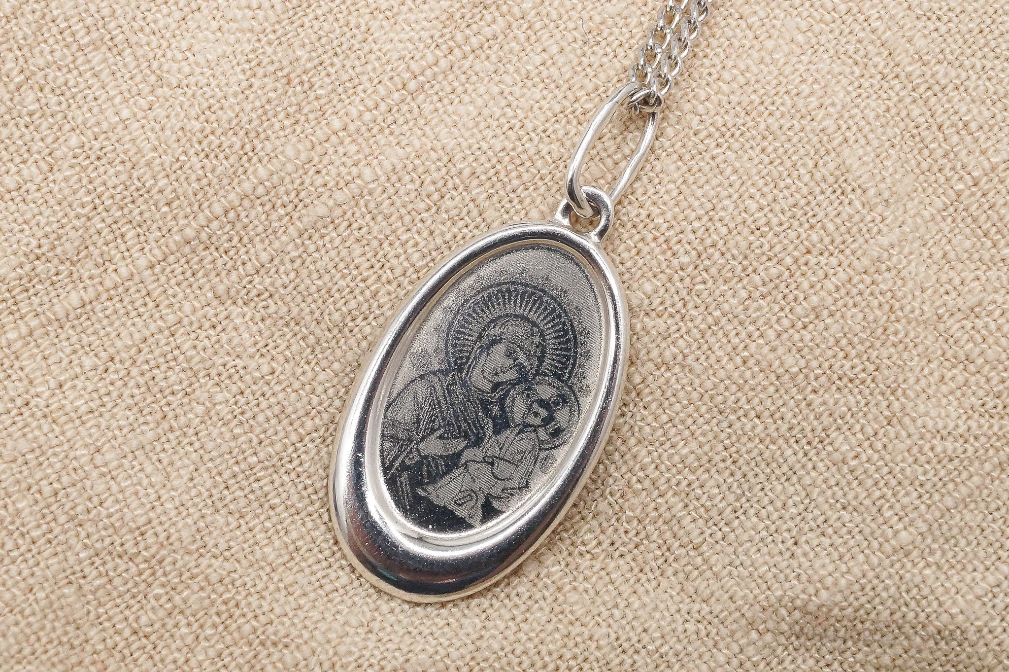 Antique Mary & Jesus Sterling Silver Necklace 17"