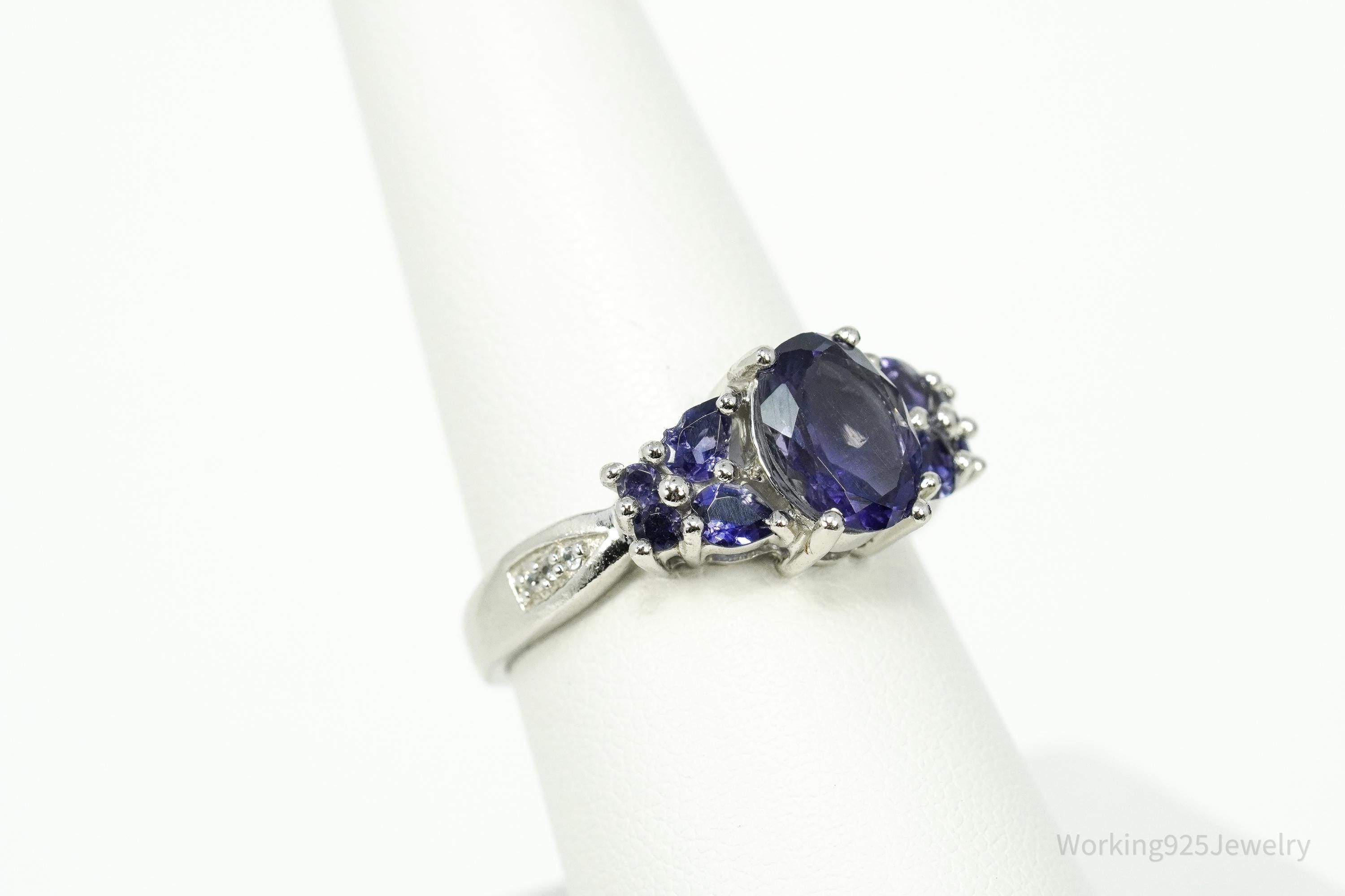 Iolite & White Zircon Rhodium Over Sterling Silver Ring - Size 7.75