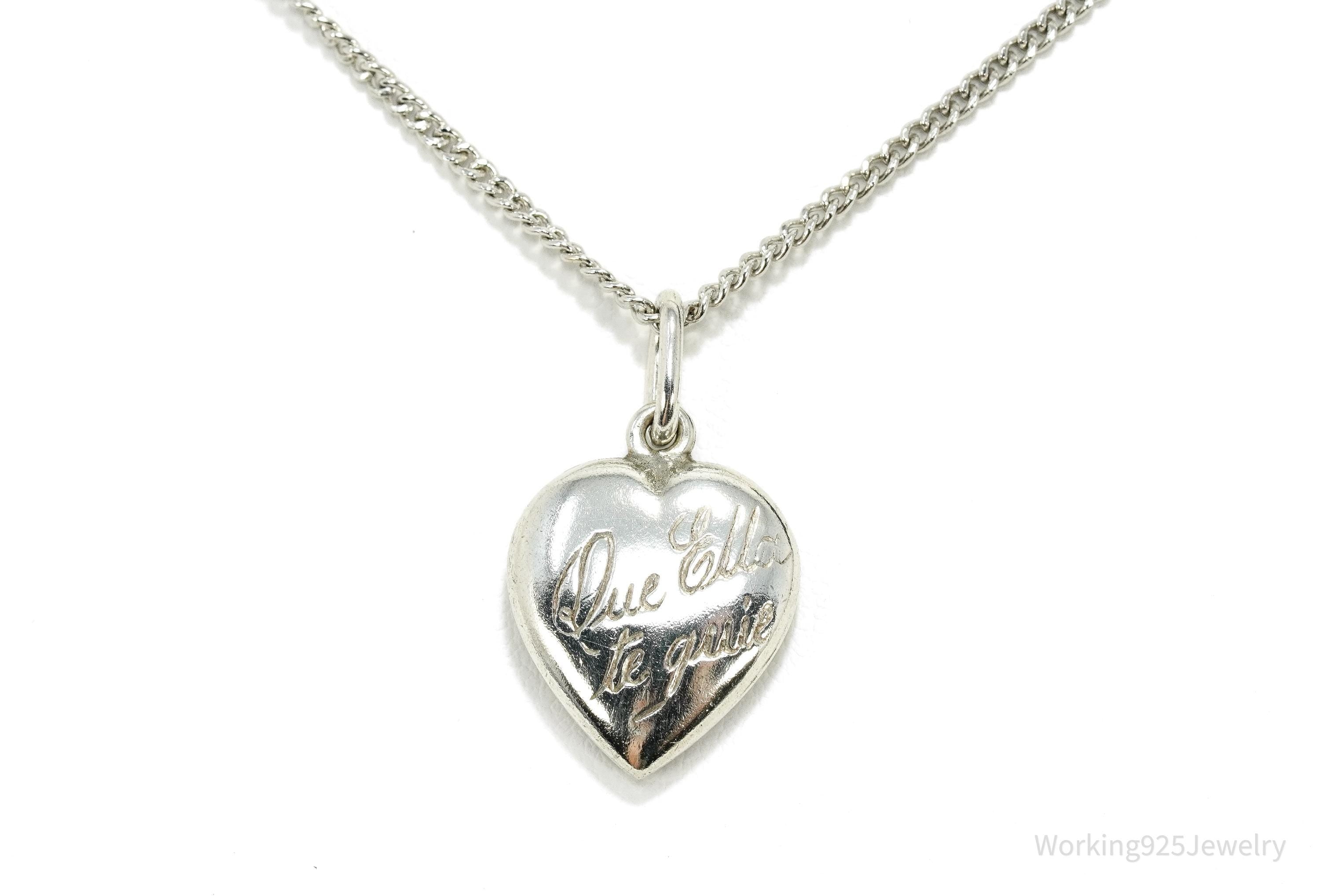 Vintage "Que Ella te guie" Puffy Heart Charm Sterling Silver Necklace 18"