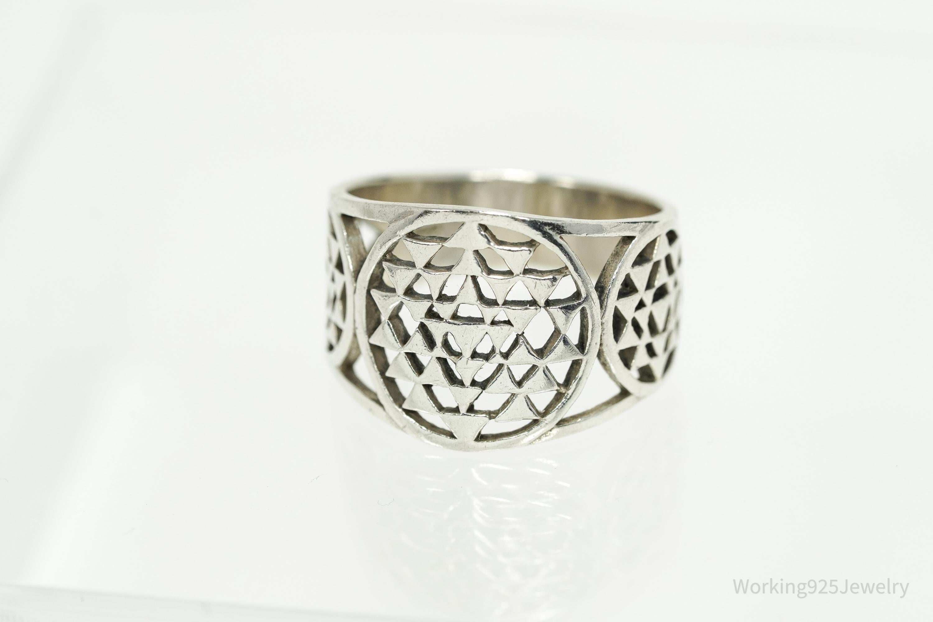 Vintage Sri Yantra Chakra Sterling Silver Wide Band Ring - Size 9.75