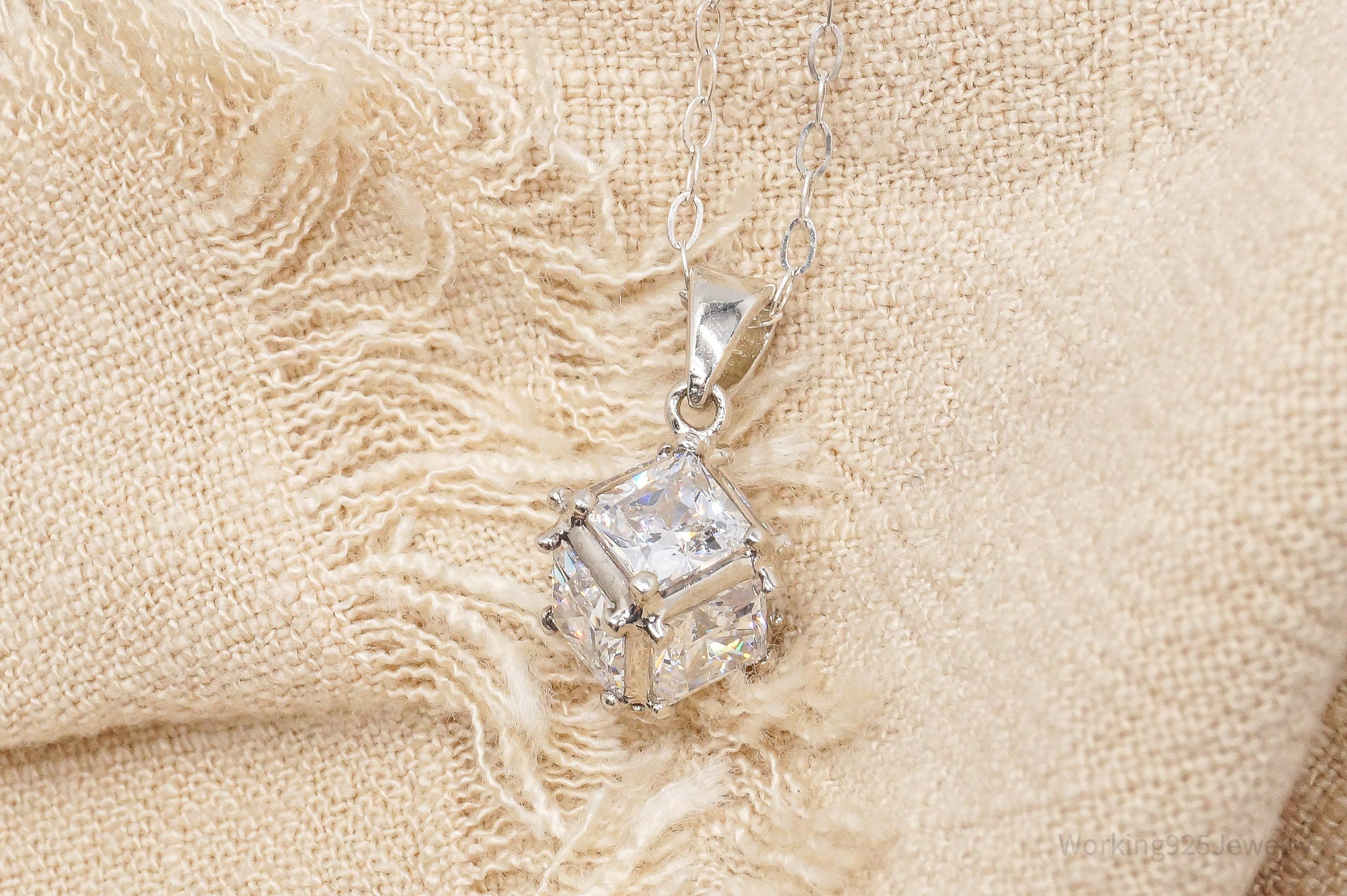 Vintage Cubic Zirconia Cube Sterling Silver Necklace 16"