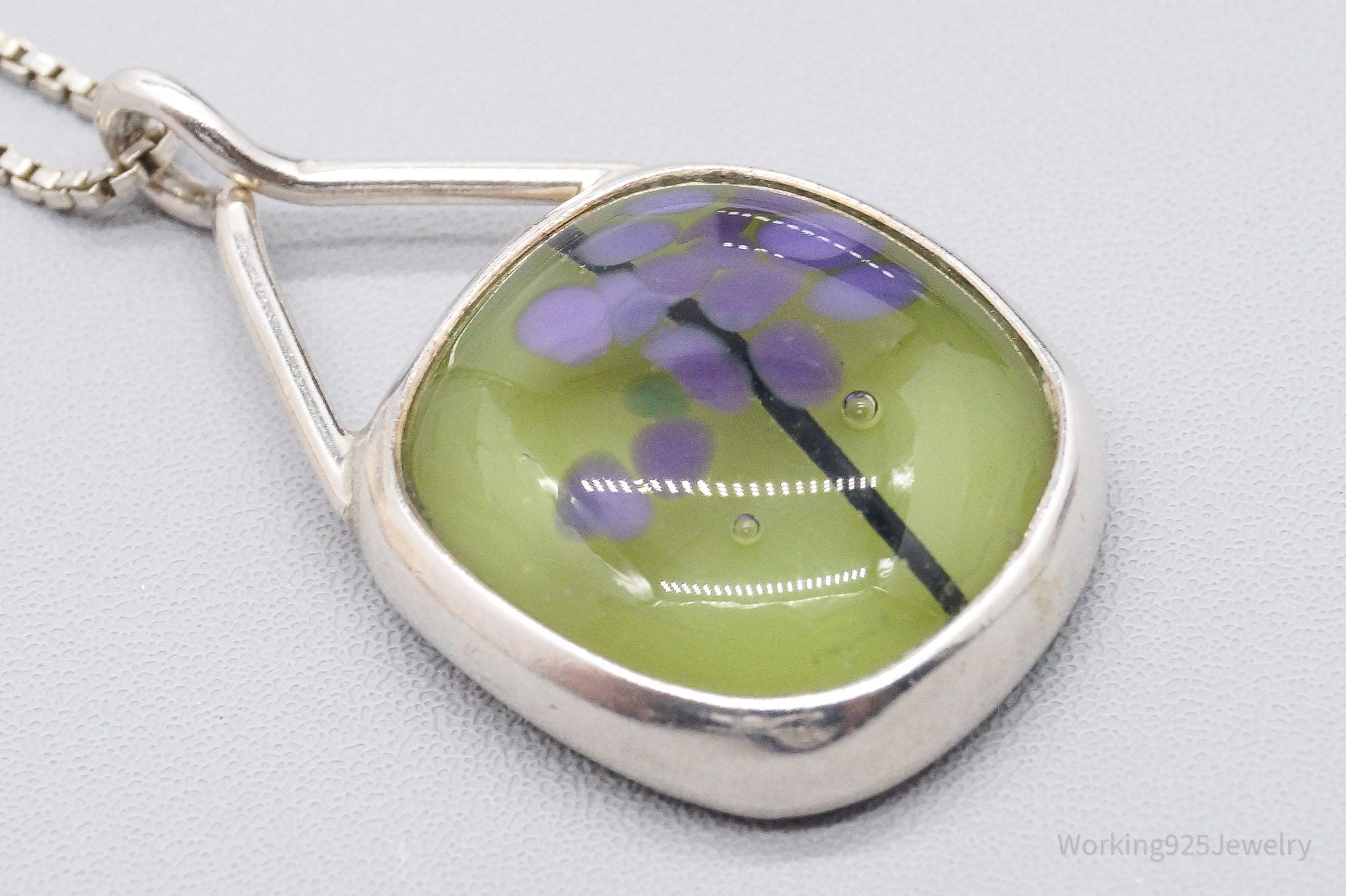 Vintage Abstract Glass Sterling Silver Necklace 17"