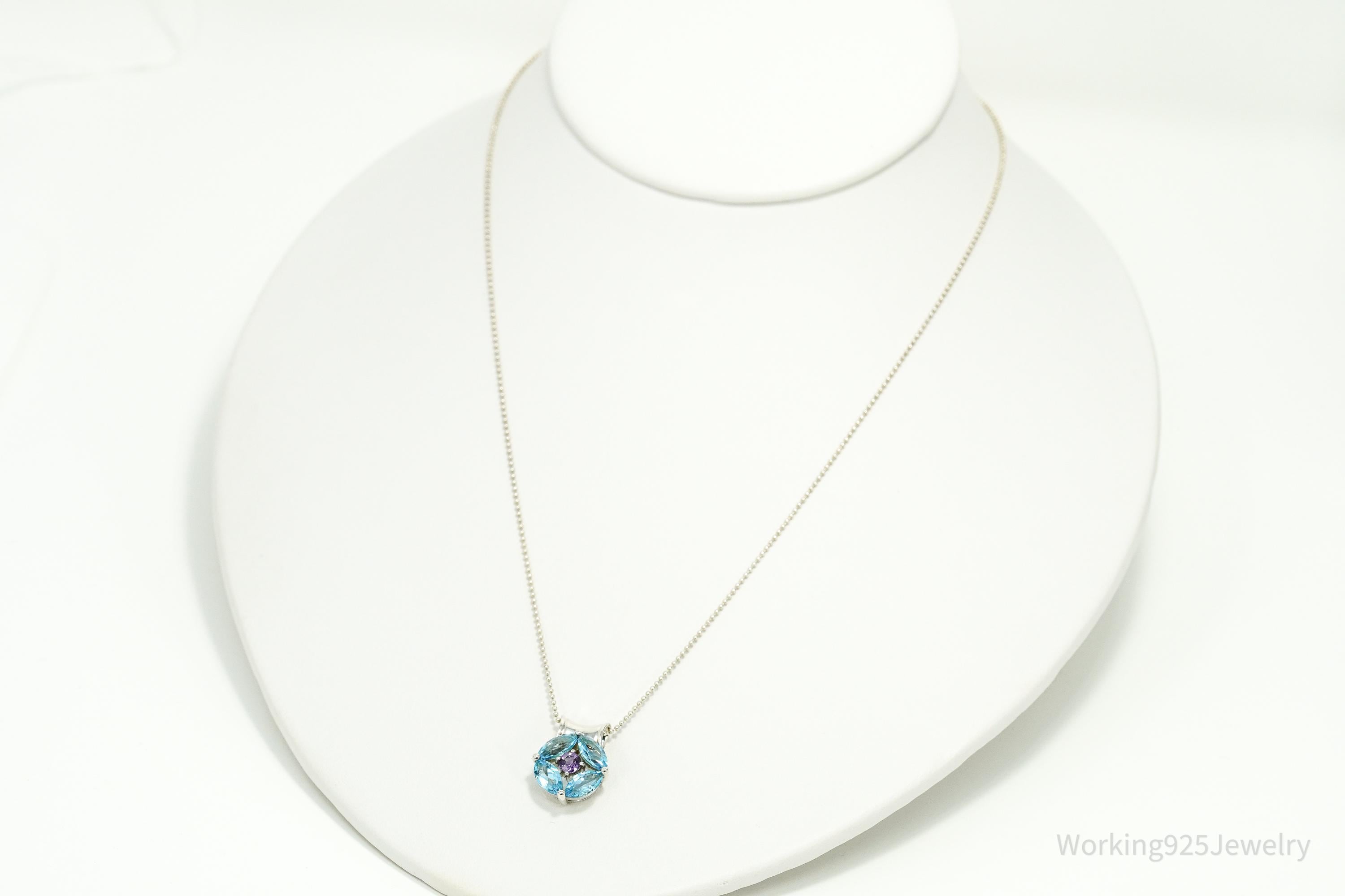 Vintage Designer S&G Blue Topaz Amethyst Sterling Silver Necklace 20"