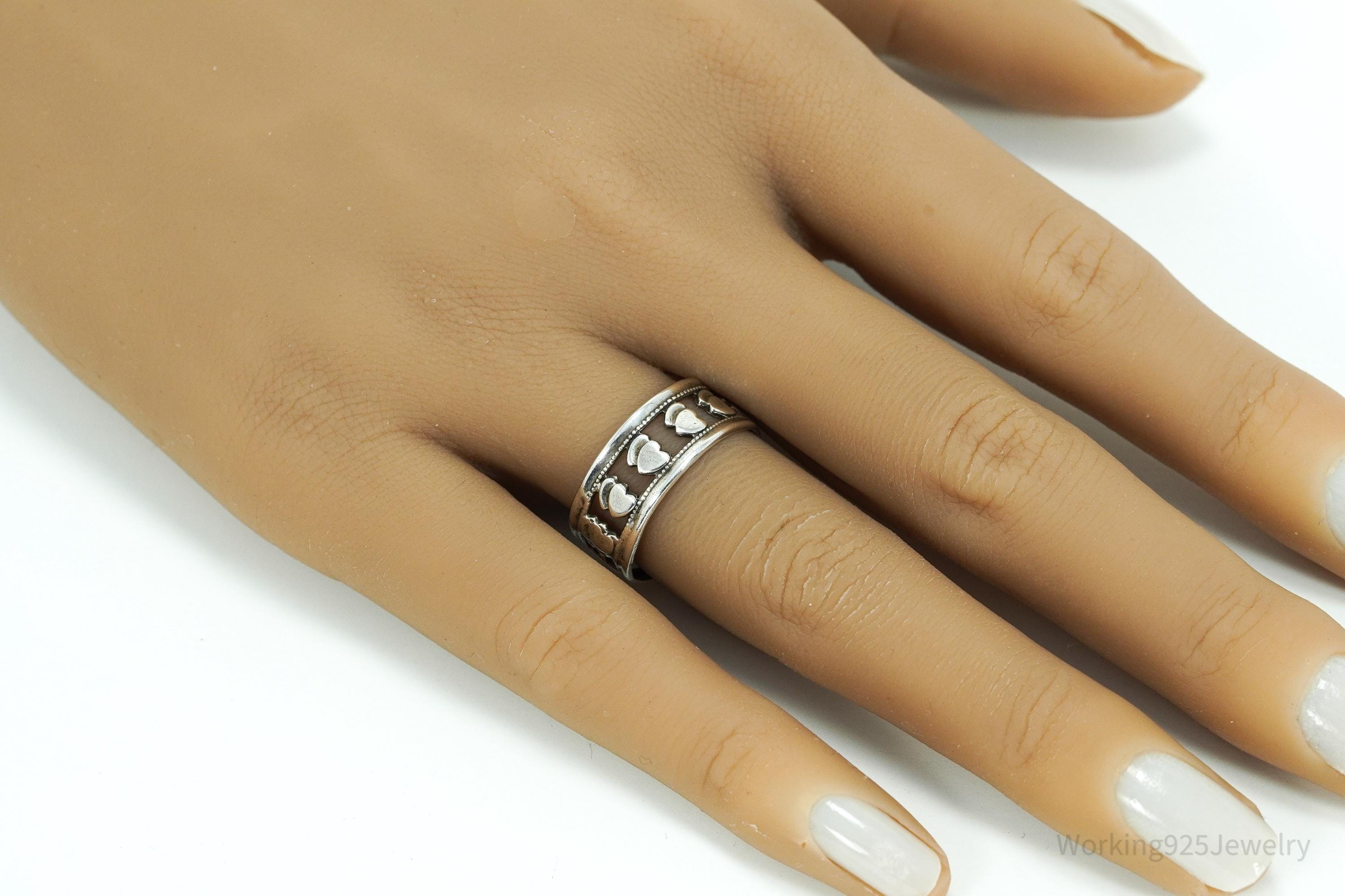 Antique Double Hearts Pattern Sterling Silver Band Ring - Size 8.25