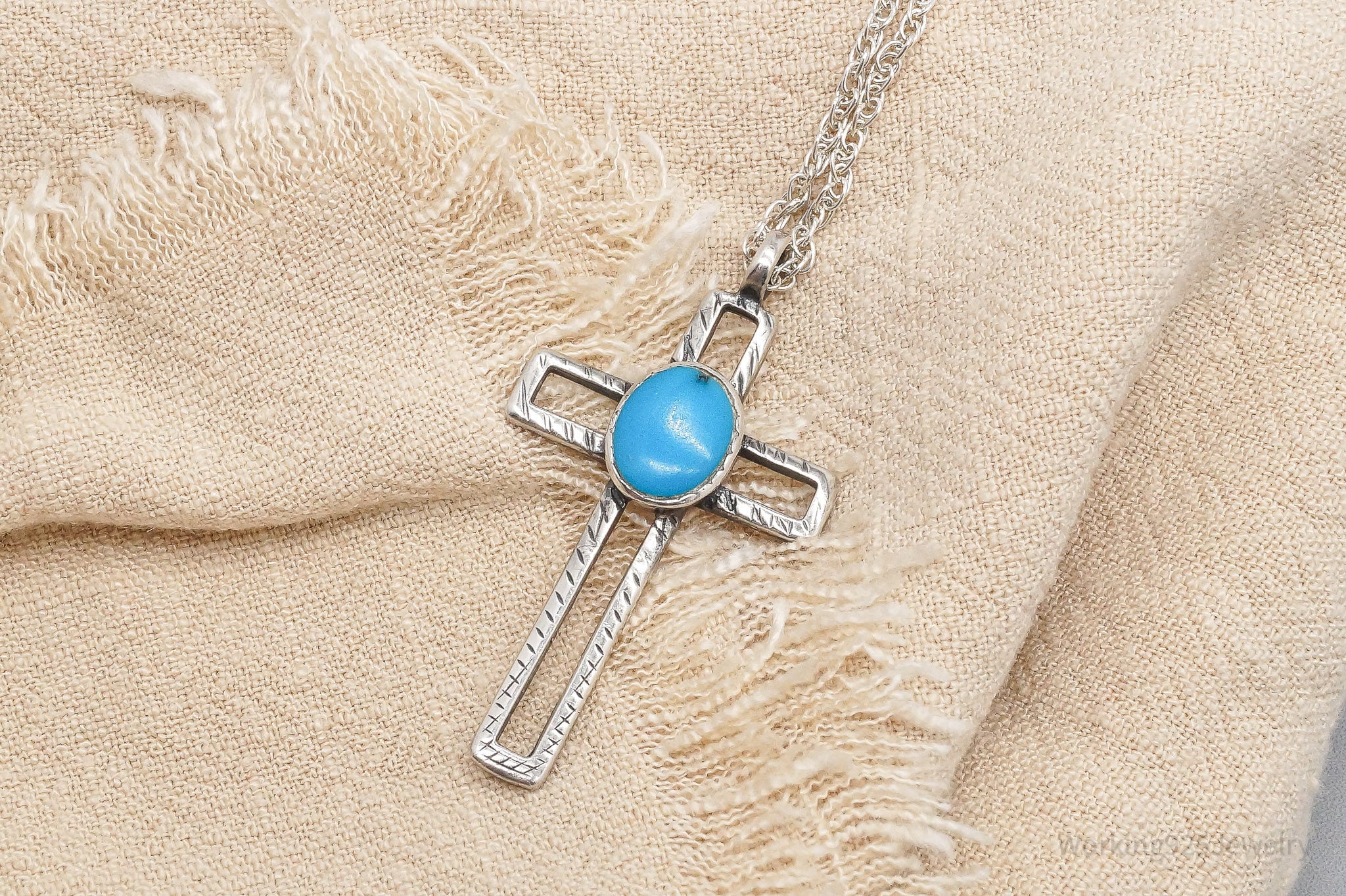 Vintage Western Turquoise Cross Sterling Silver Necklace 20"