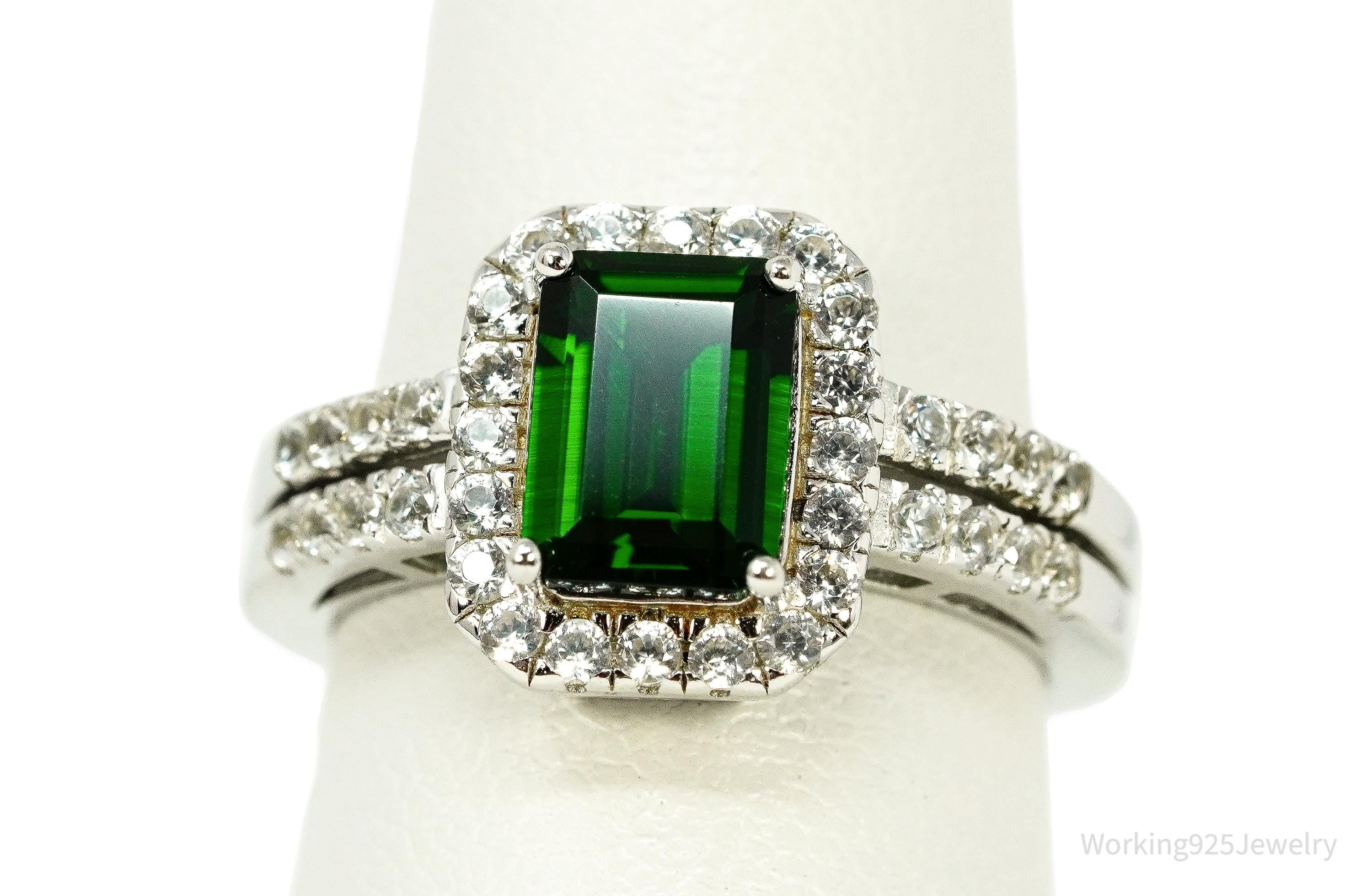 Vintage Emerald & White Topaz Sterling Silver Ring - Size 6