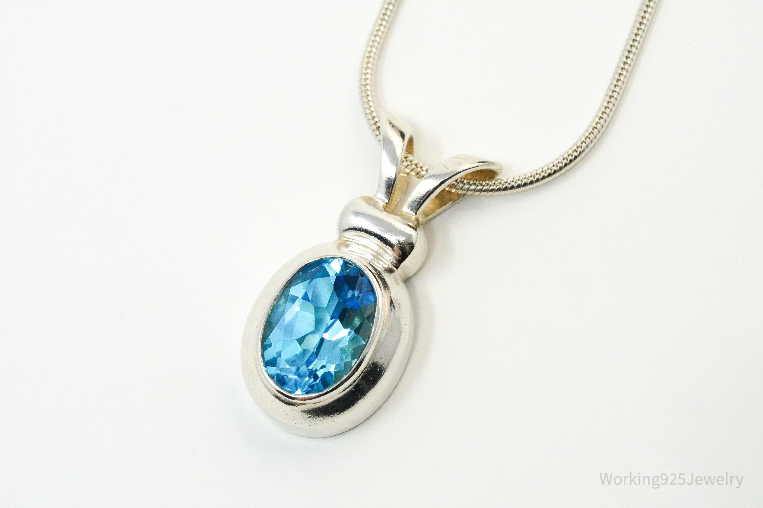 Vintage Large Blue Topaz Sterling Silver Necklace 18"