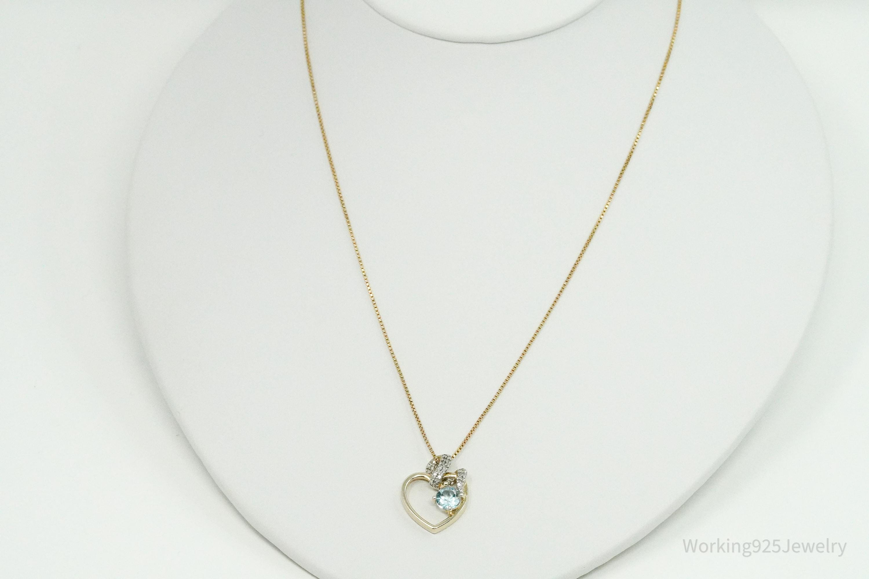 Vintage Ross Simons Blue Topaz & Diamond Gold Over Sterling Silver Necklace 18"