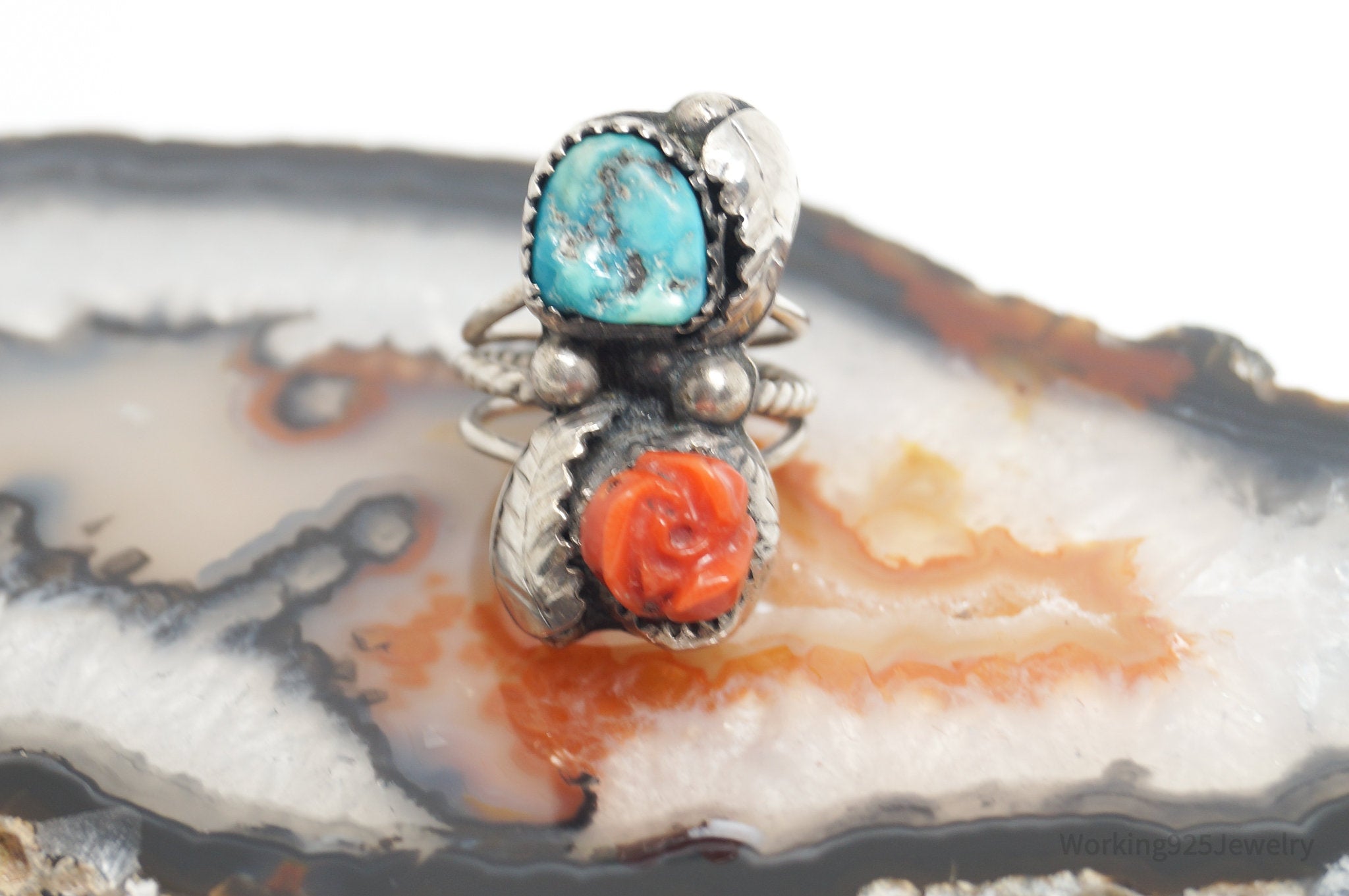 Vtg Handmade Native Turquoise AT Coral Turquoise Sterling Silver Ring Size 5.5