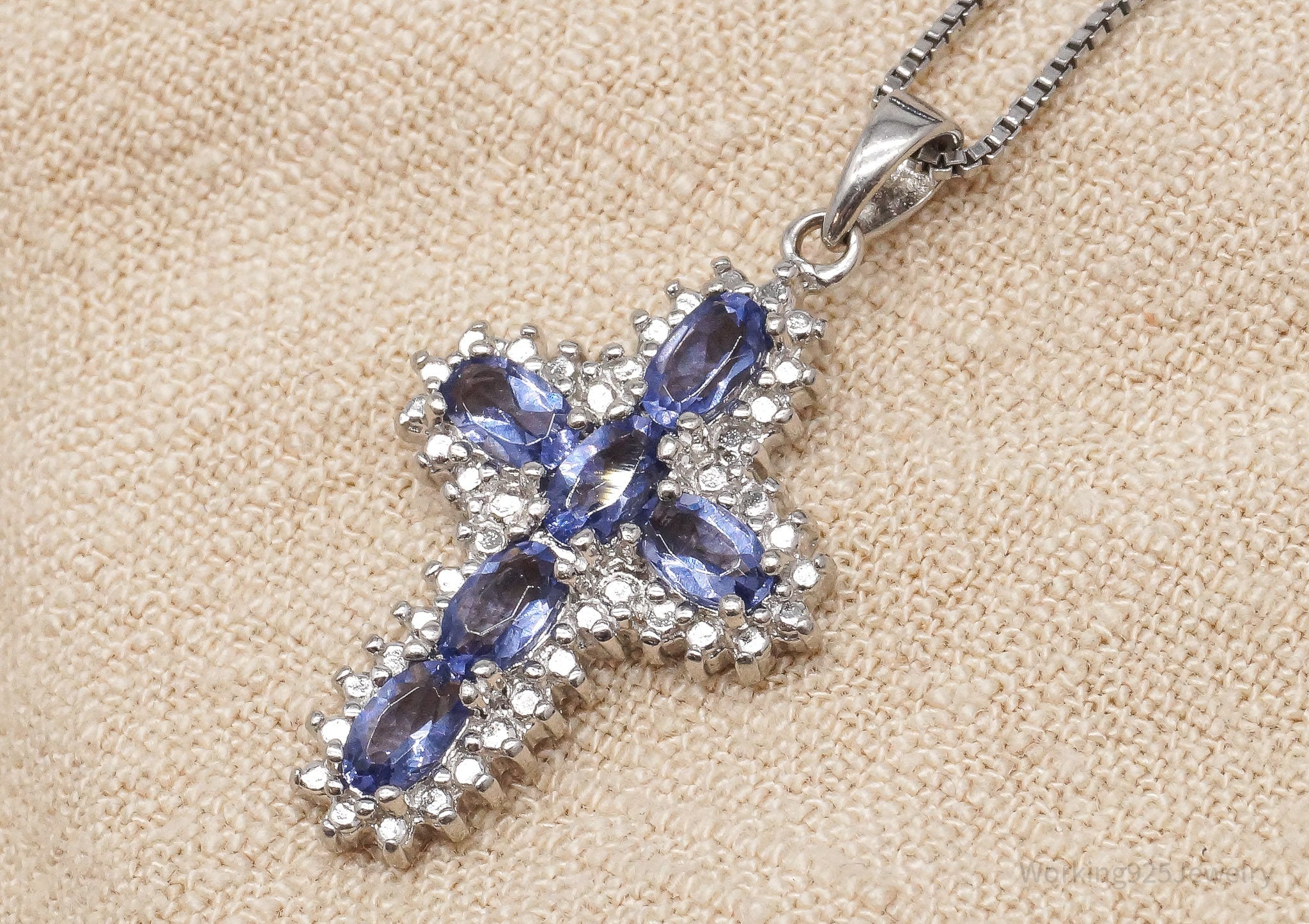 Vintage Iolite Cross Sterling Silver Necklace - 18"