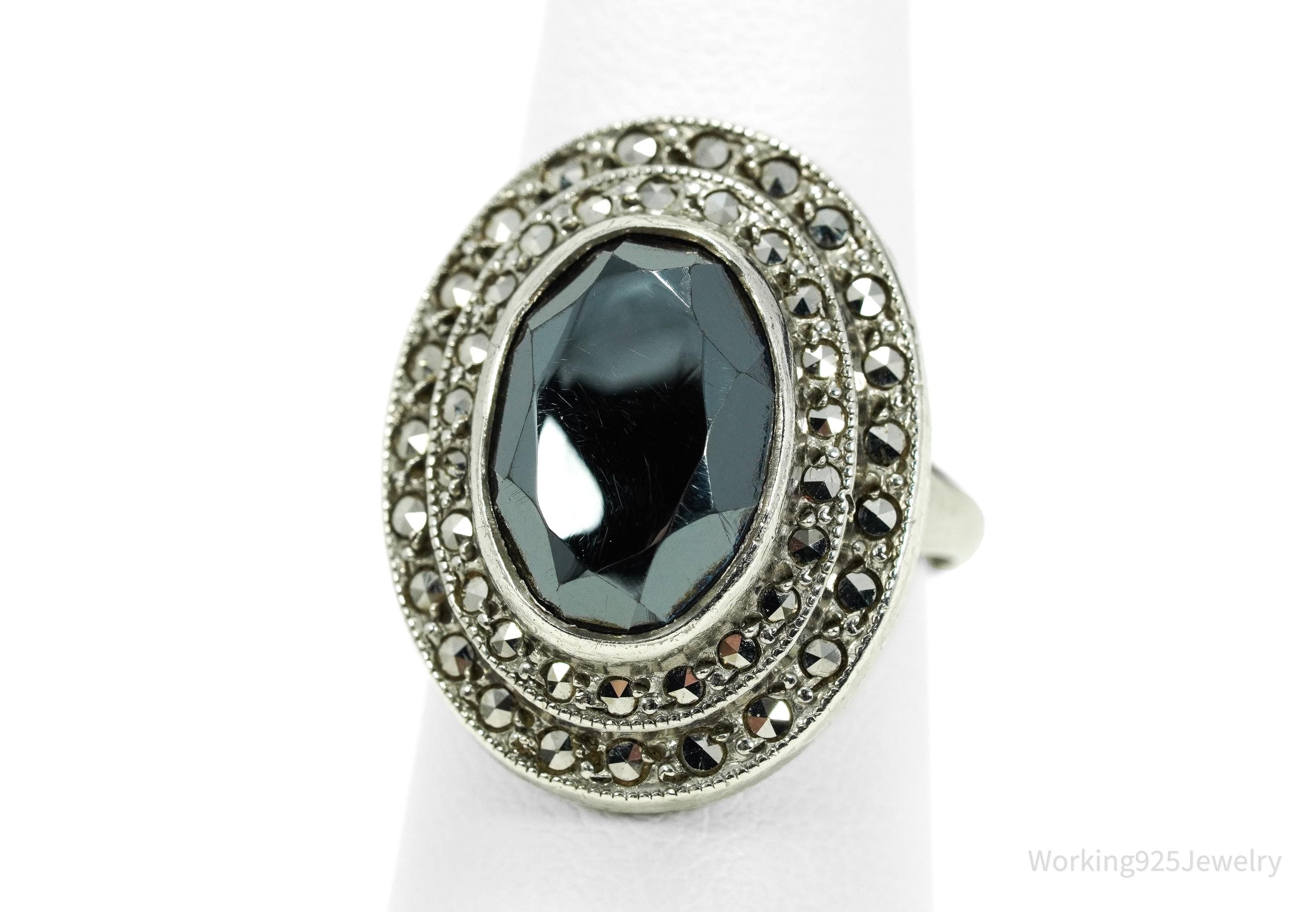 Antique Uncas MFG CO Hematite & Marcasite Sterling Silver Ring Size 6.75