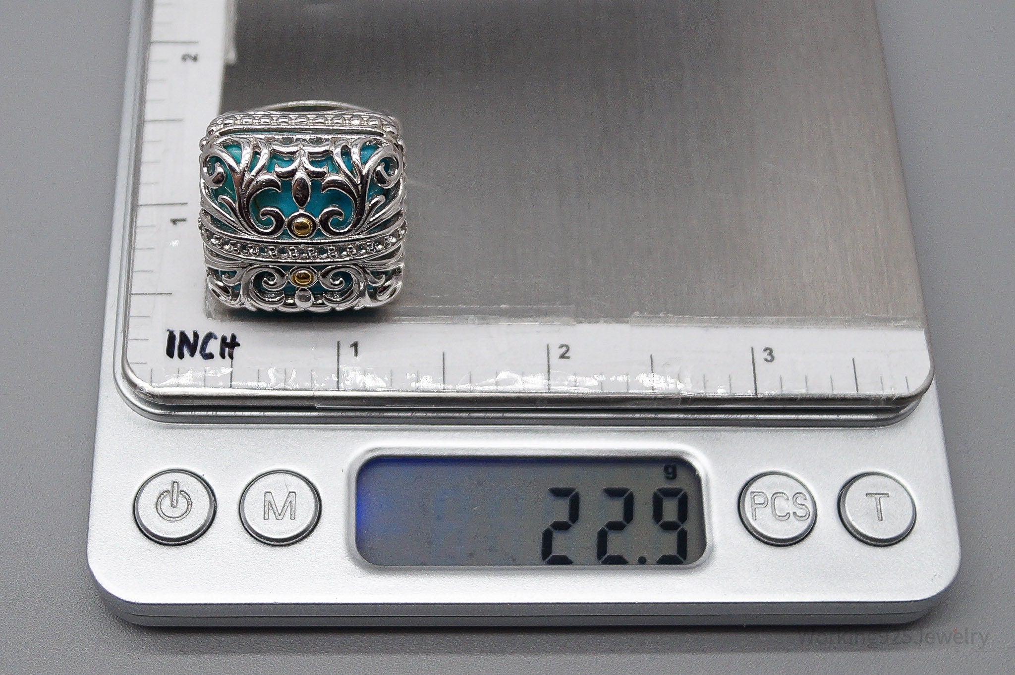 JTV DP Turquoise White Zircon Gold Sterling Silver Ring - Size 9