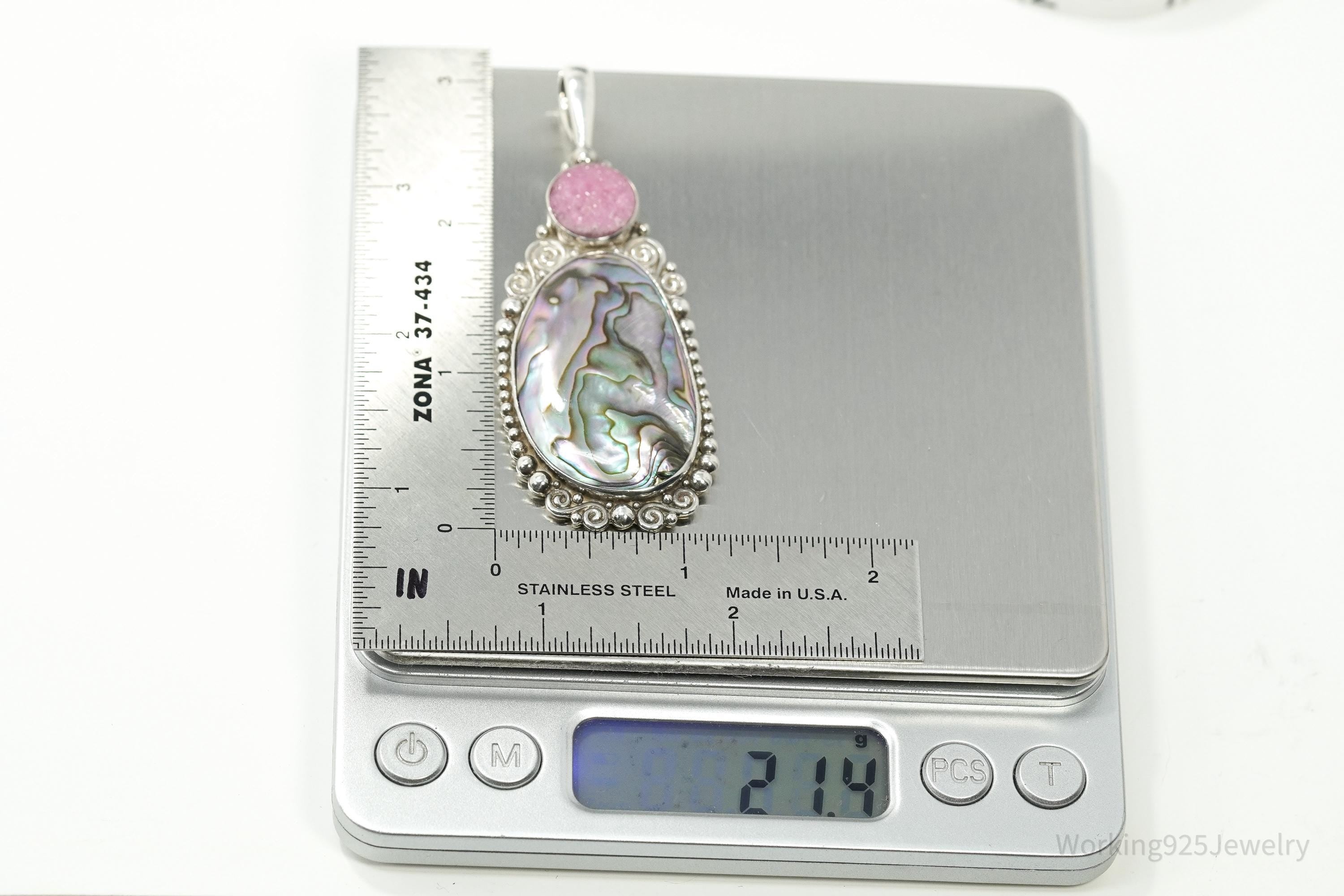 Vintage Designer SAJEN Paua Abalone & Pink Druzy Quartz Sterling Silver Pendant