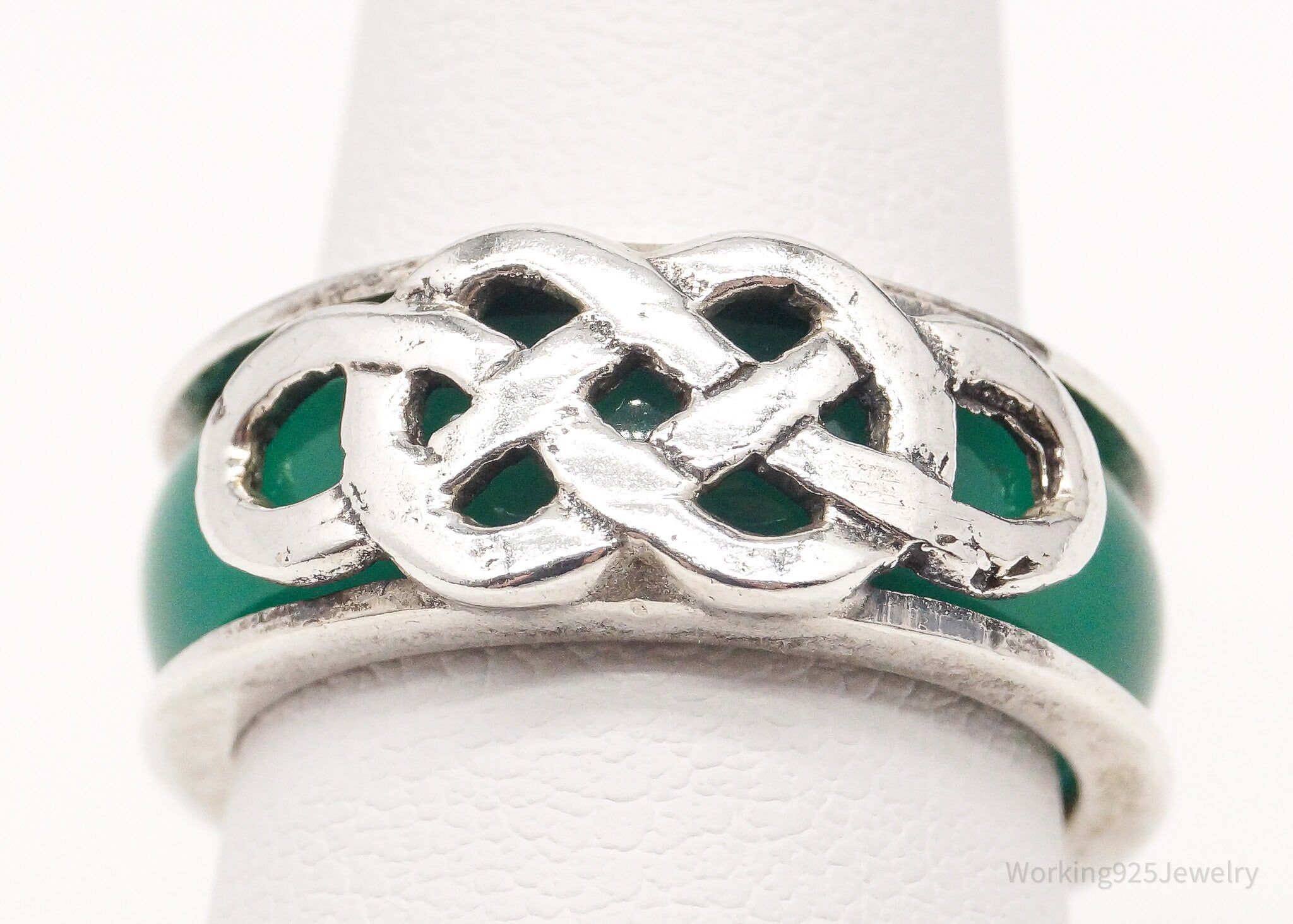 Vintage Green Stone Celtic Knot Sterling Silver Ring Size 6.75