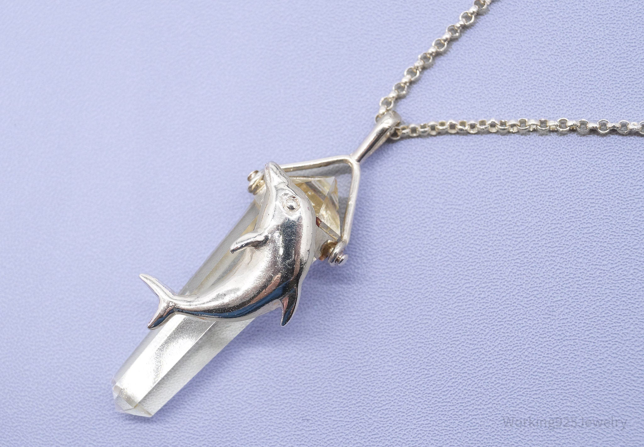 Vintage Dolphin & Crystal Sterling Silver Necklace 18"