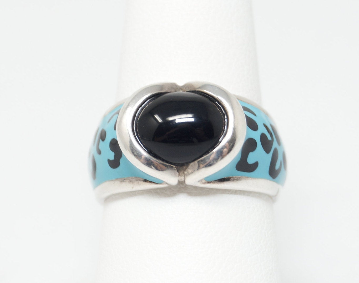 Vintage Onyx Robins Egg Blue & Black Enamel Print Sterling Silver Ring - Size 8