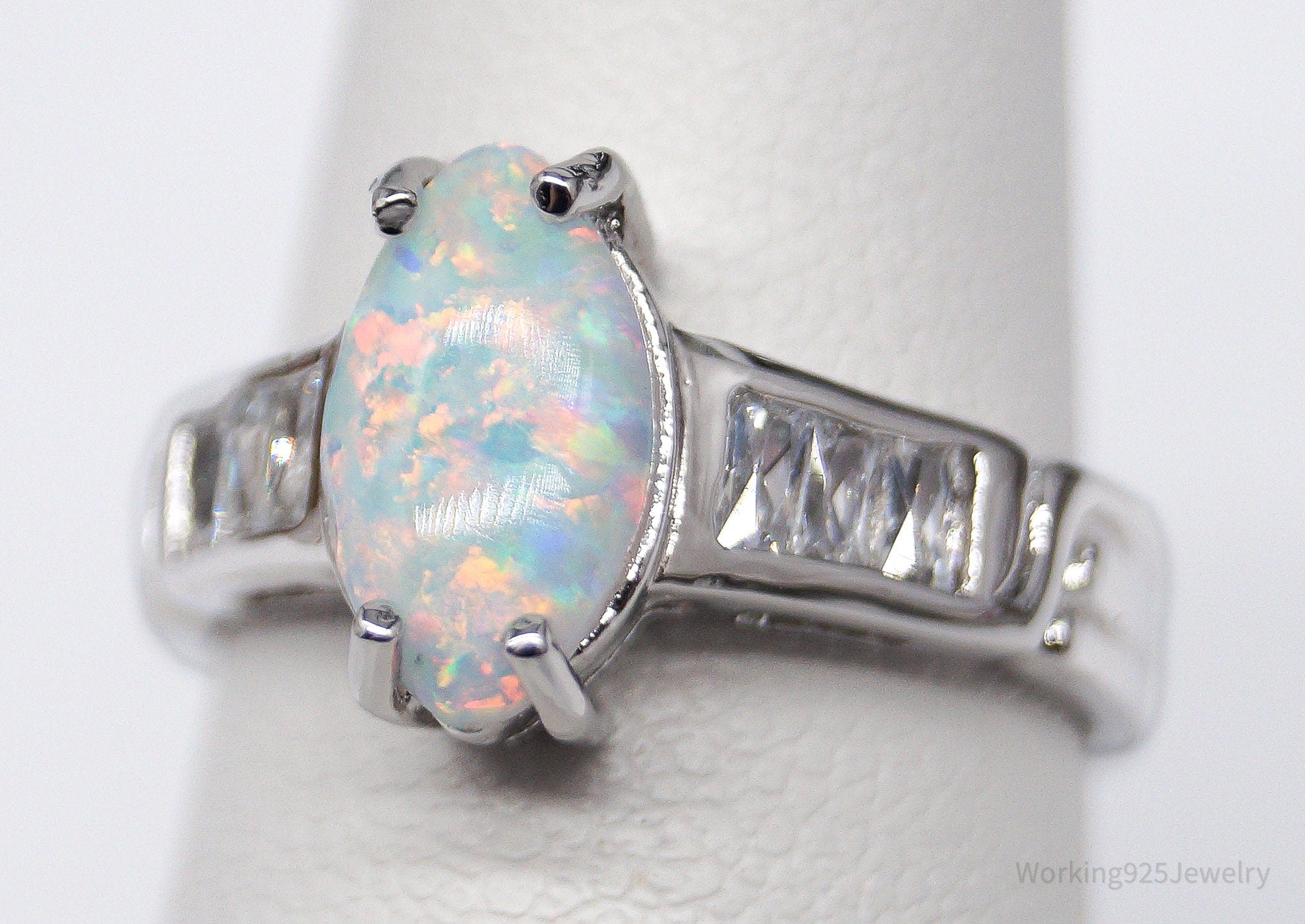 Vintage Opal & Cubic Zirconia Sterling Silver Ring - Size 5.75
