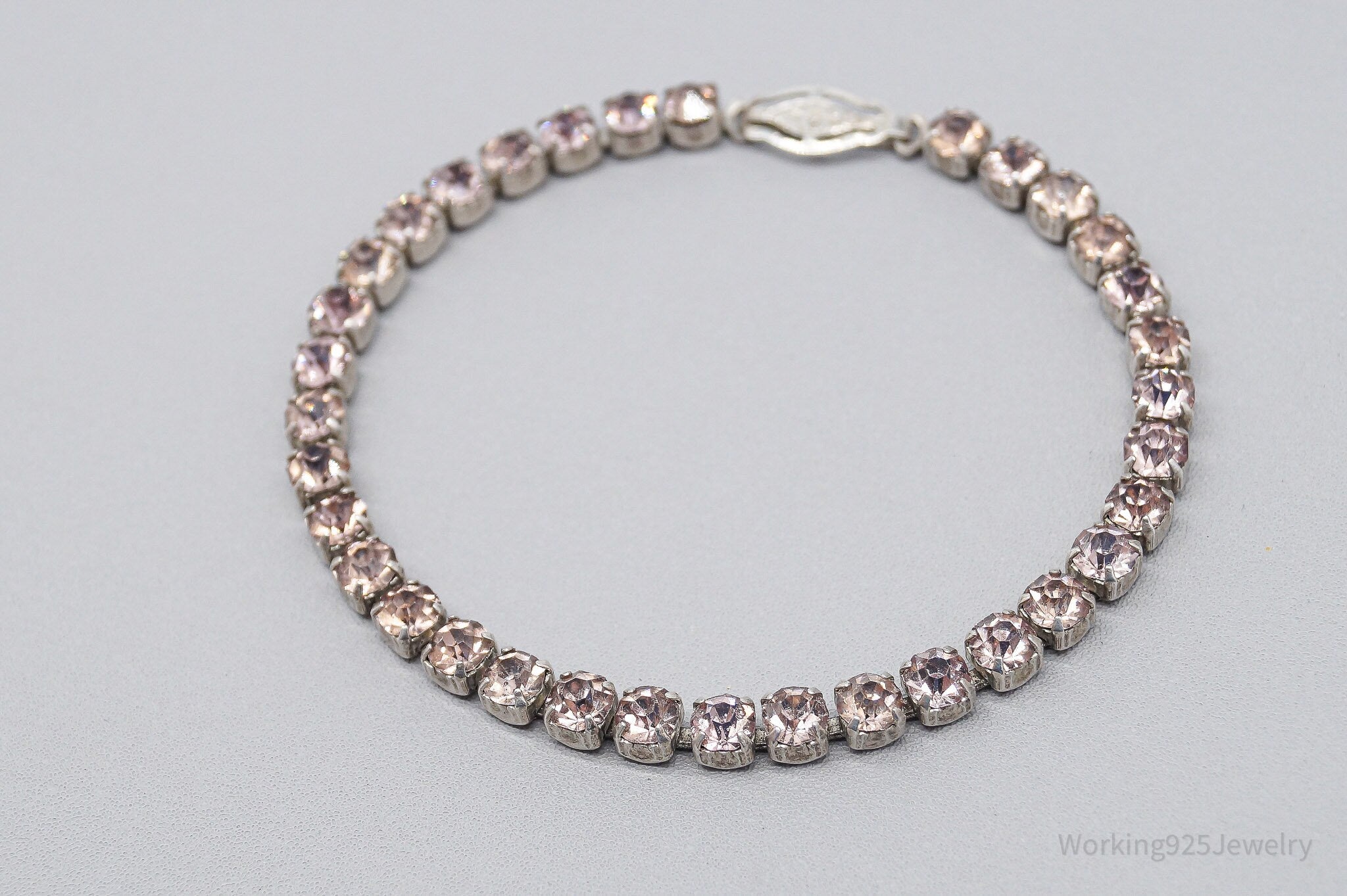 Antique Art Deco Pink Rhinestone Sterling Silver Bracelet - 6 7/8"