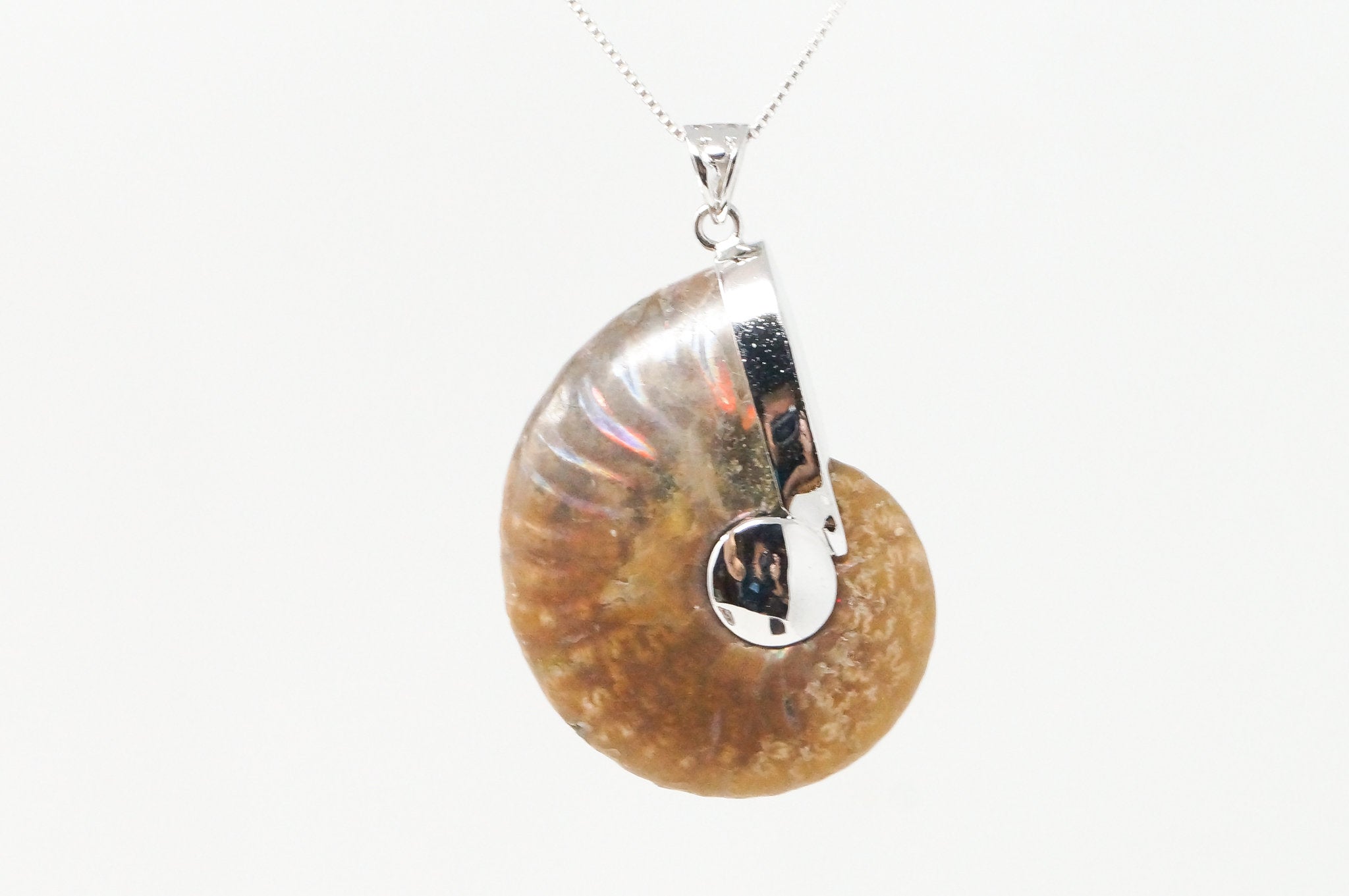 Vintage Nautilus Fossil Shell Sterling Silver Chunky Necklace Pendant