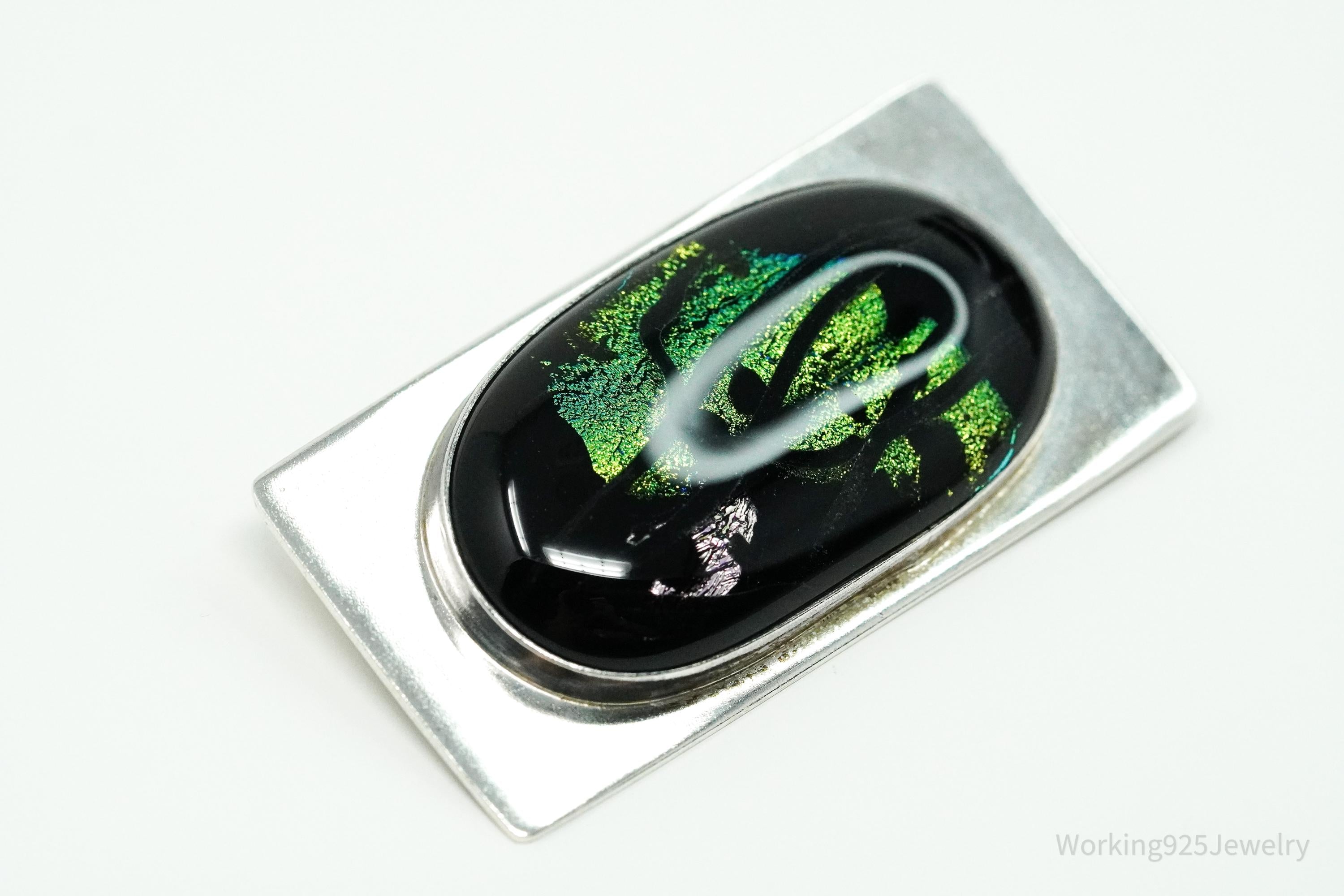 Vintage Large Dichroic Glass Sterling Silver Brooch Pin Pendant