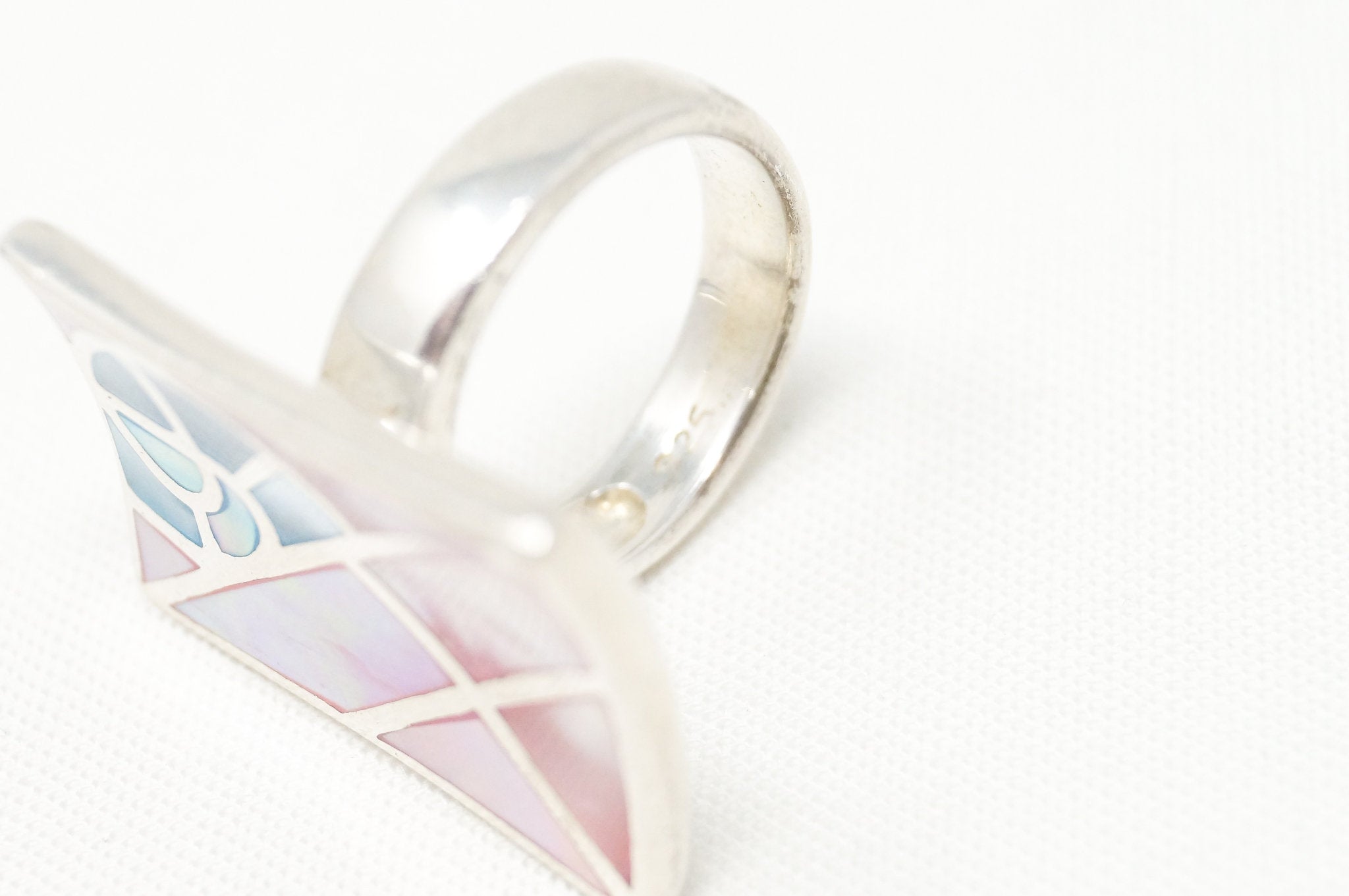 Vintage Pink Blue Mother Of Pearl Pearl Art Deco Ring Sterling Silver Sz 5.5