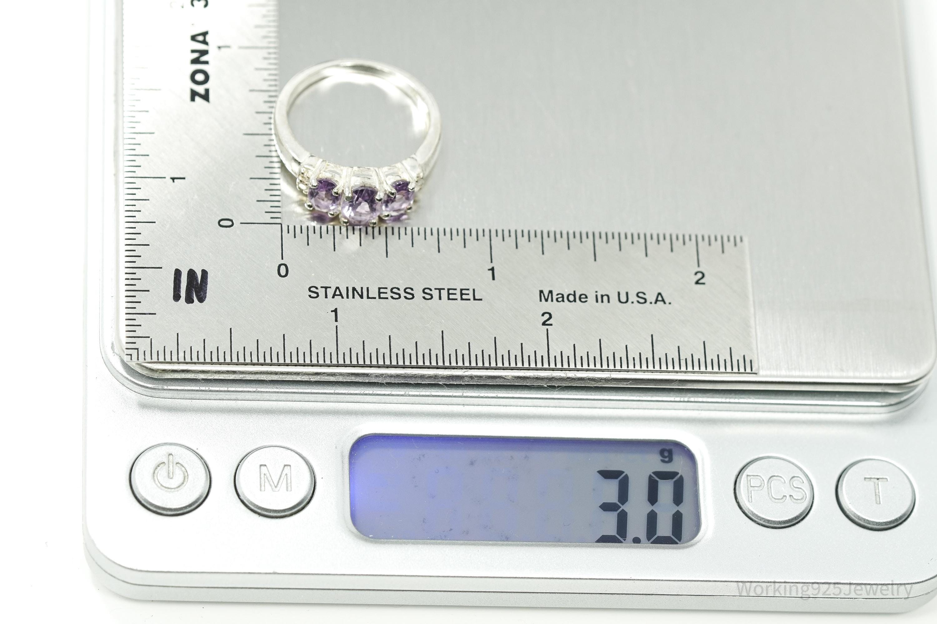 Vintage Amethyst & Diamond Sterling Silver Ring - Size 7