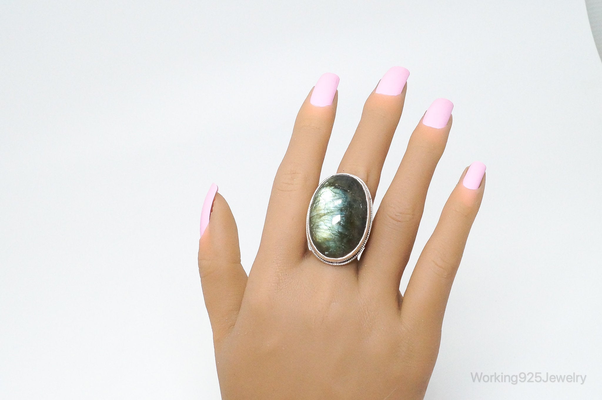 Vintage Large Labradorite Sterling Silver Ring - SZ 10.75