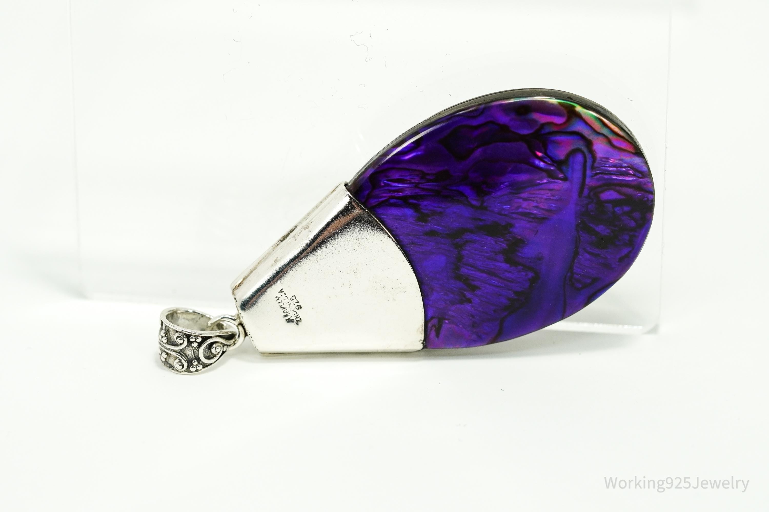 Vintage Large Purple Paua Abalone Shell & Amethyst Sterling Silver Pendant