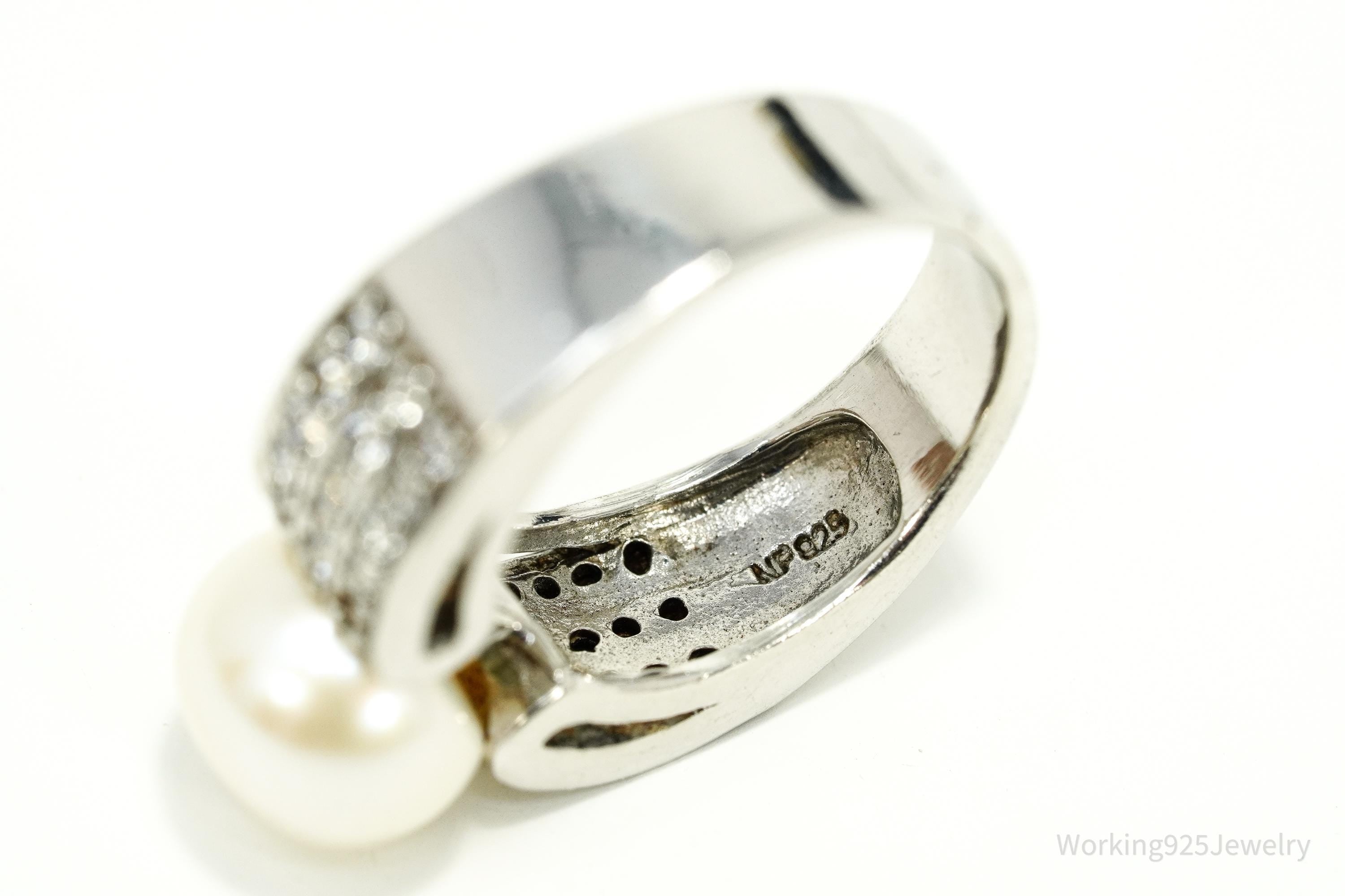 Vintage Pearl & Cubic Zirconia Sterling Silver Ring - Size 7.25