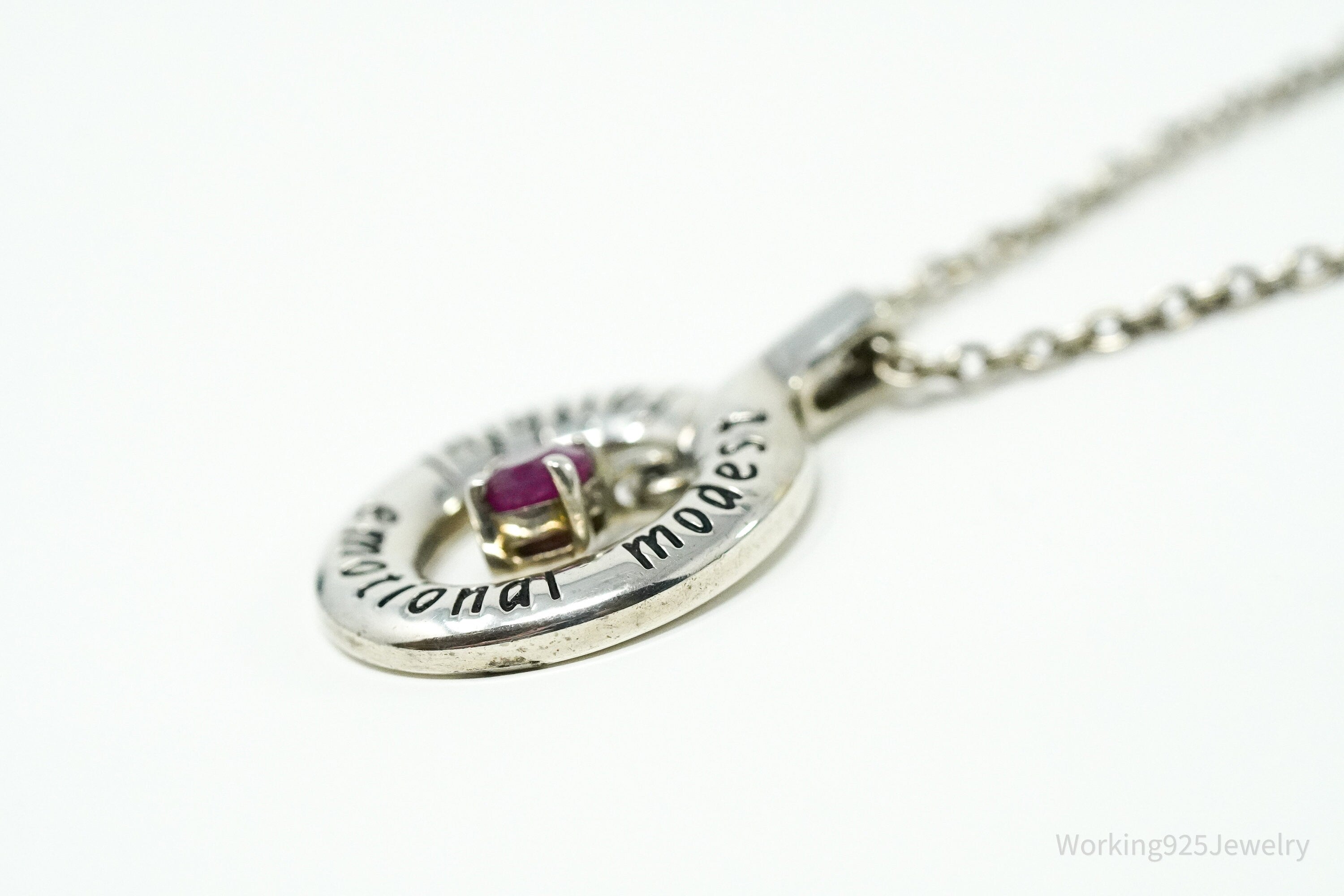 Vintage "Faithful Emotional Modest" Ruby Sterling Silver Necklace 18"