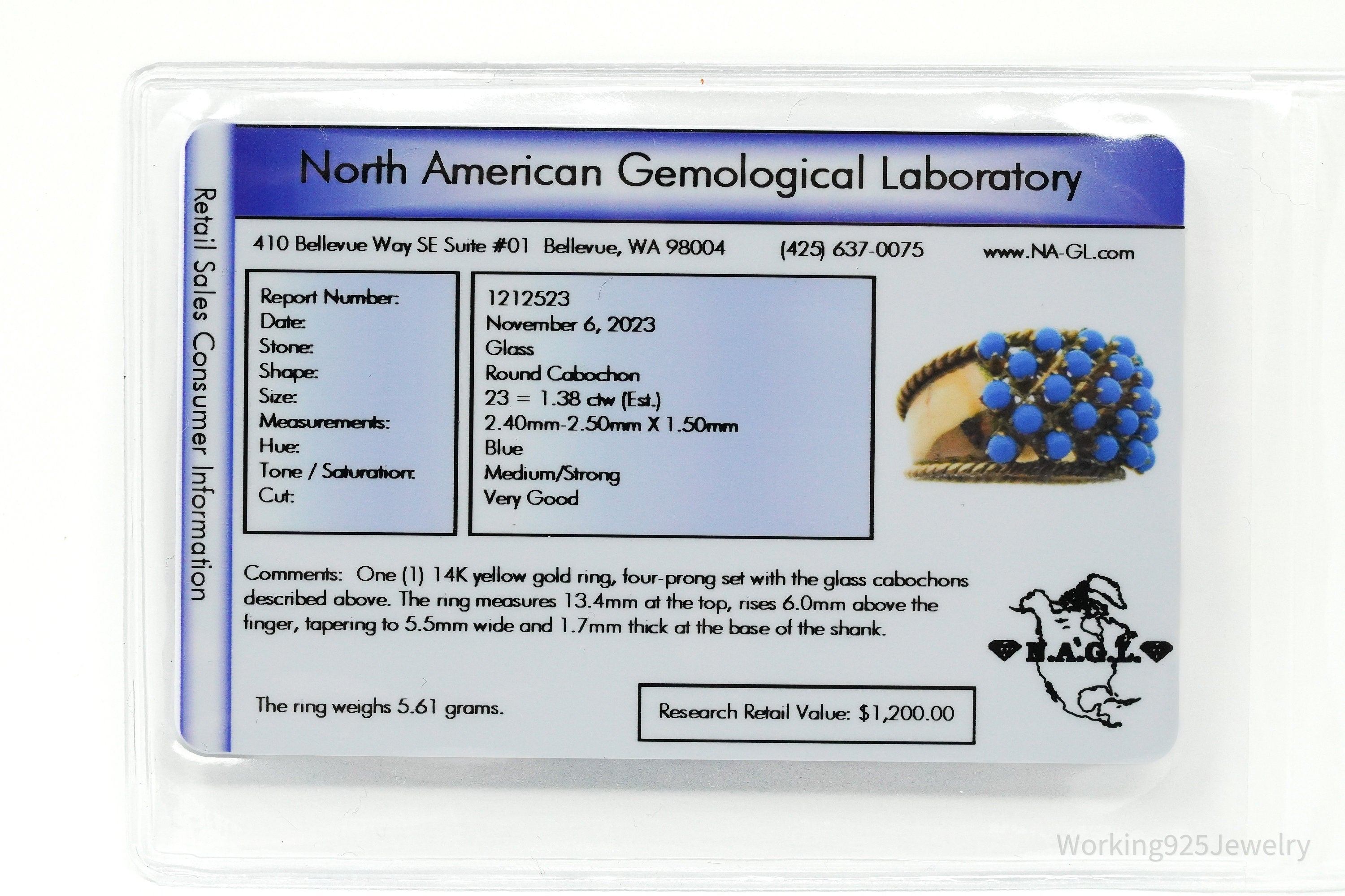 14K Yellow Gold & Turquoise Glass Cabochon Cocktail Ring - Size 6.25