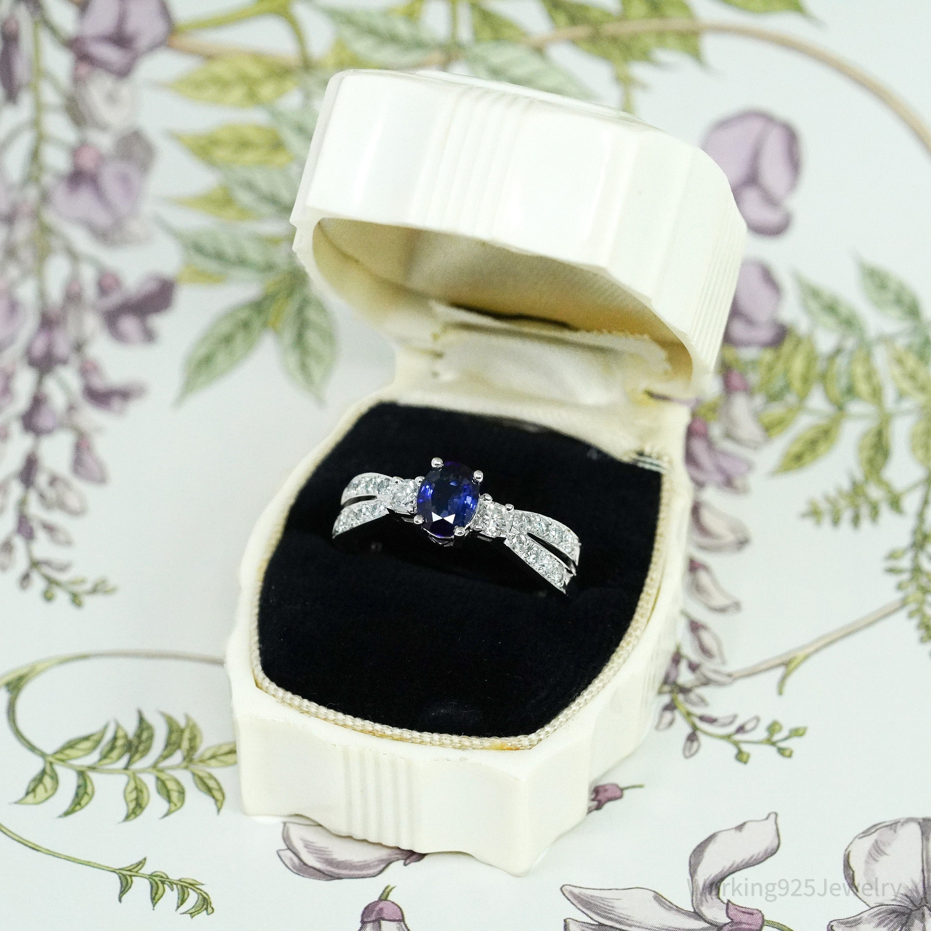 14K White Gold, Sapphire & Diamond Cocktail Ring - Size 8