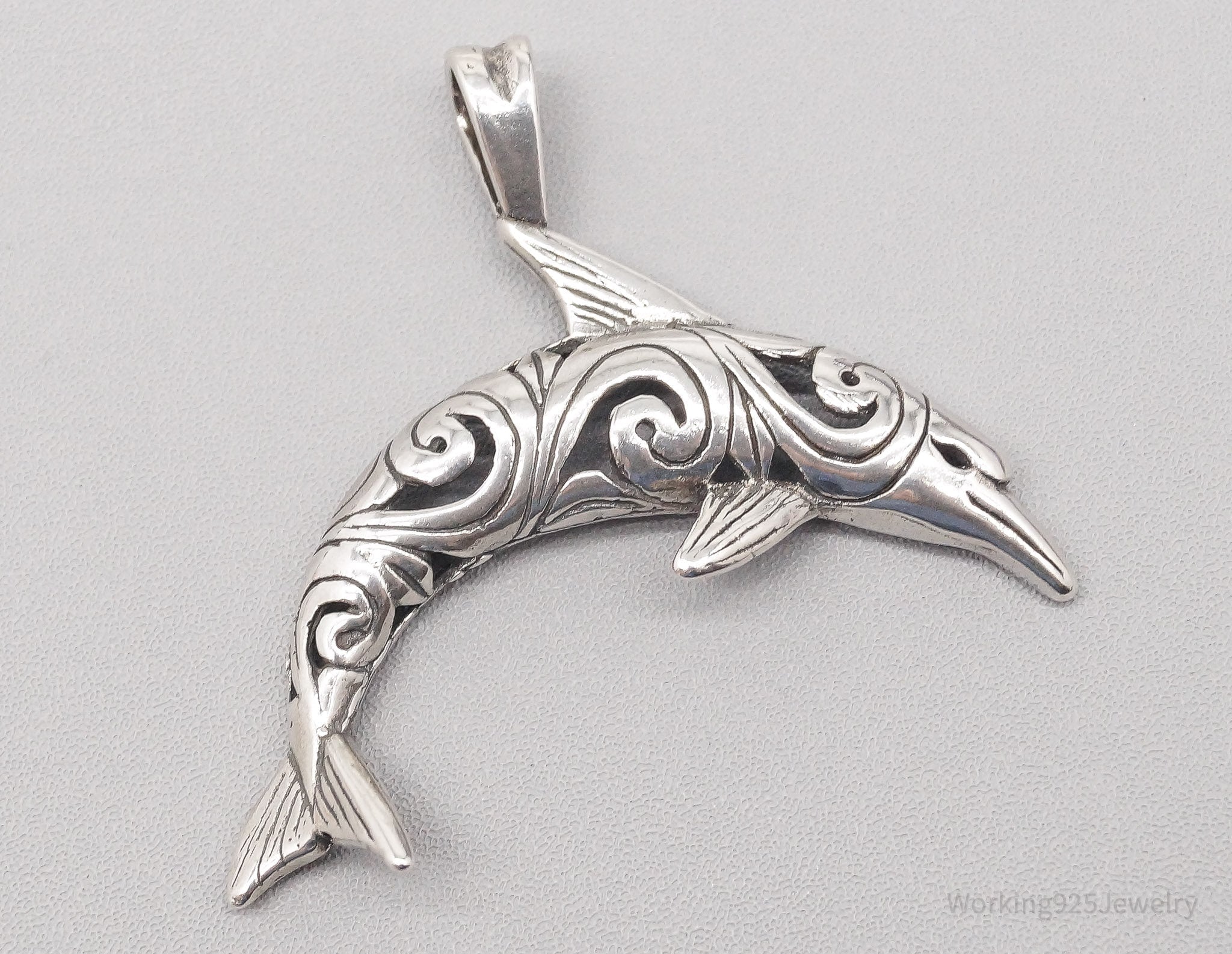 Vintage Large Scroll Dolphin Sterling Silver Pendant