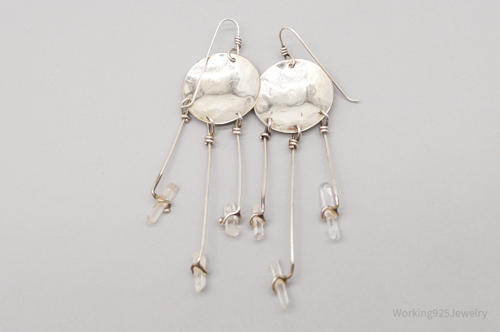 Vintage Handmade 1991 Fish Pattern Crystal Sterling Silver Dreamcatcher Earrings