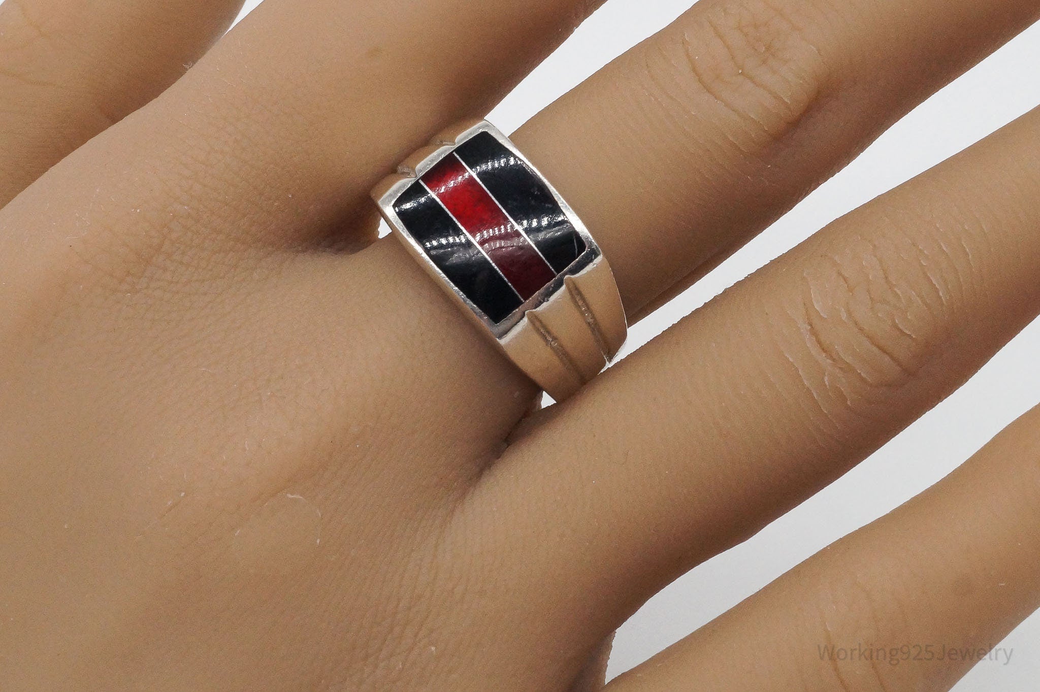 Vintage Red & Black Enamel Sterling Silver Ring - Size 10