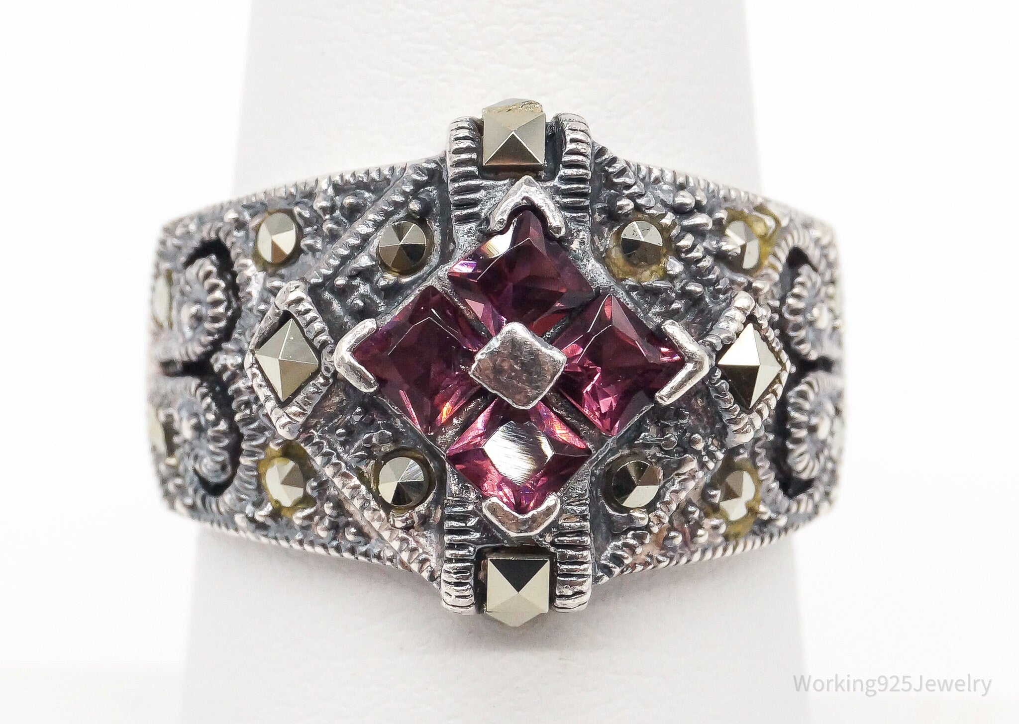 Vintage Rhodolite Garnet Marcasite Sterling Silver Ring - Size 6.75