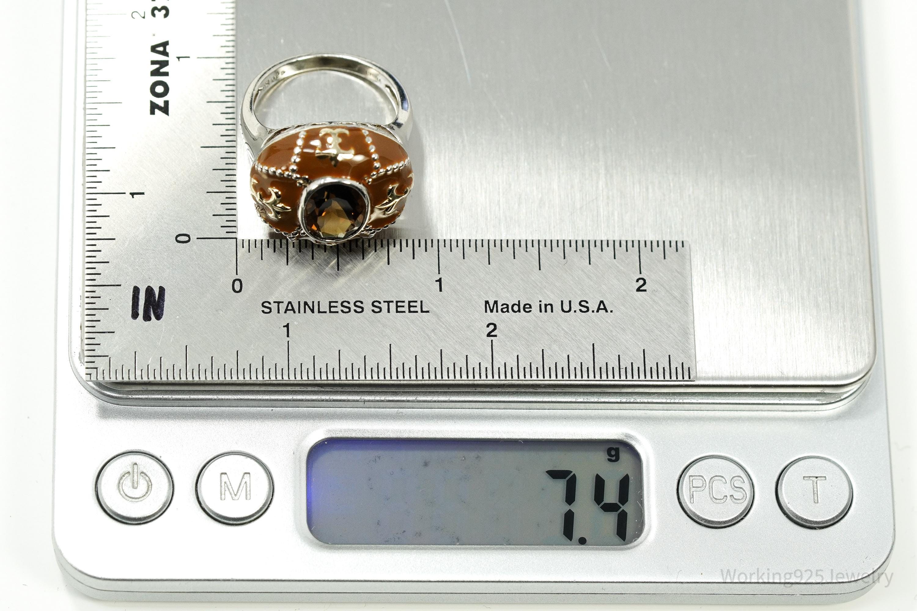 Vintage Y2K Smoky Topaz Enamel Dome Gold Vermeil Sterling Silver Ring Size 8