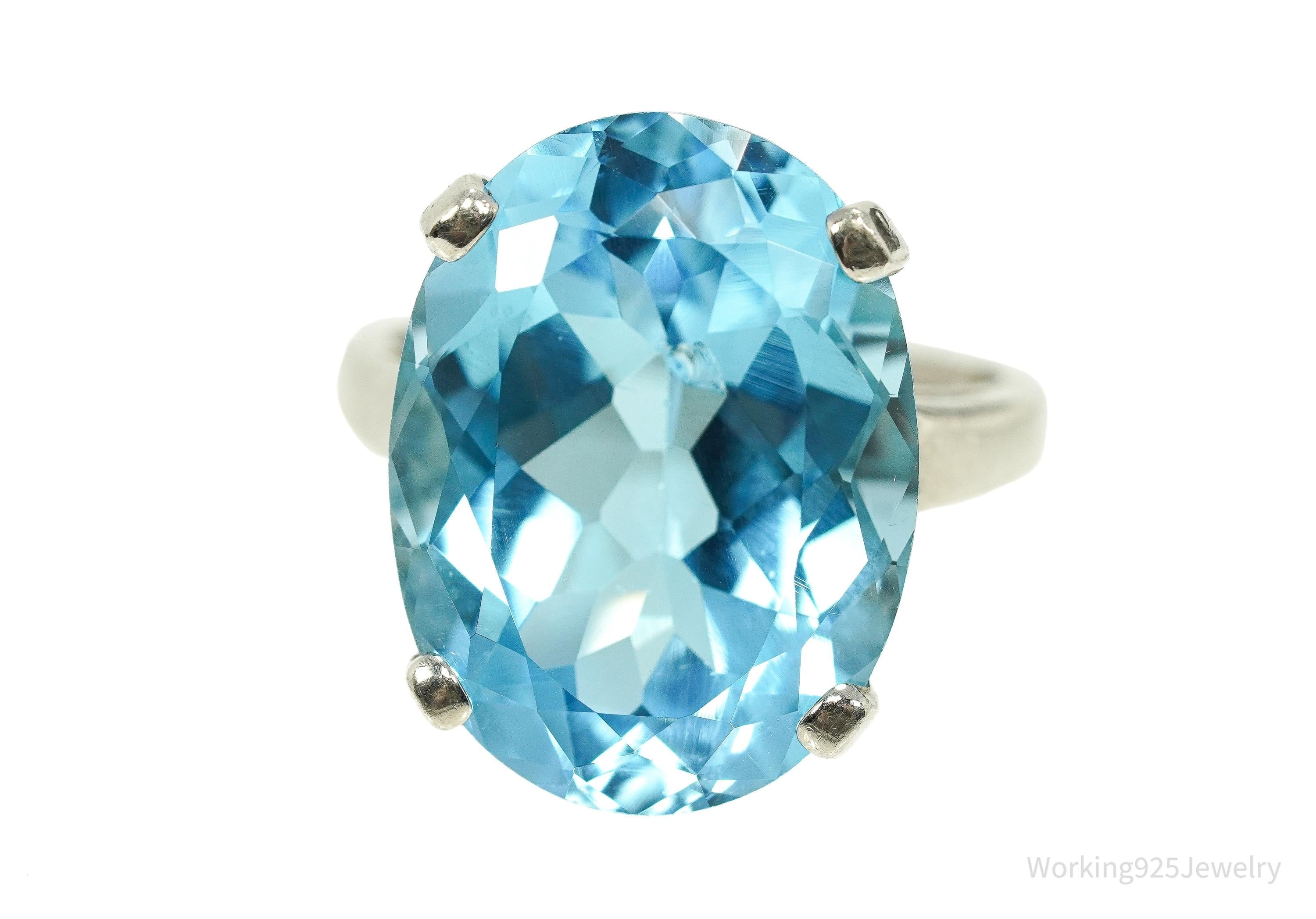 Vintage Large Blue Topaz Sterling Silver Ring - Size 8