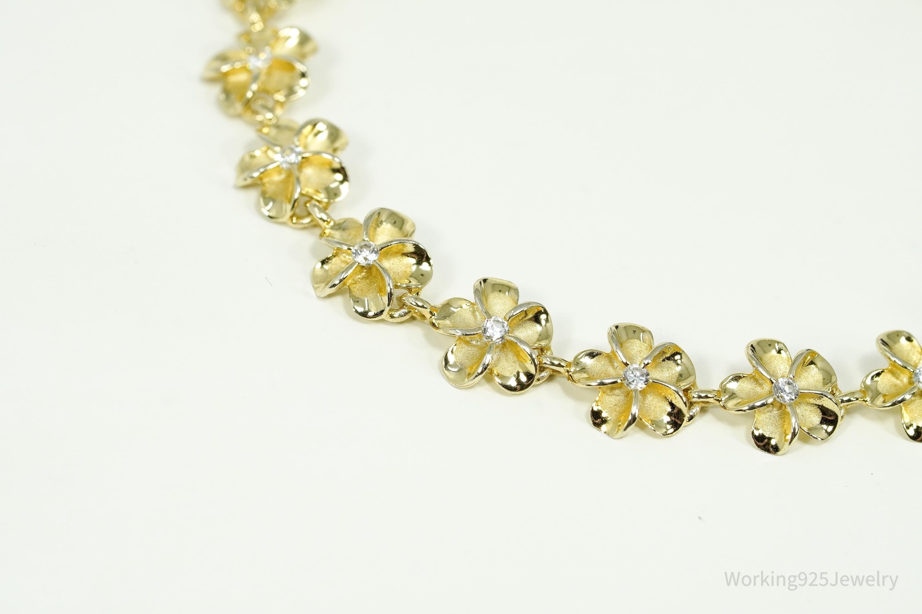 Vintage Cubic Zirconia Gold Vermeil Sterling Silver Flowers Tennis Bracelet 7.75"