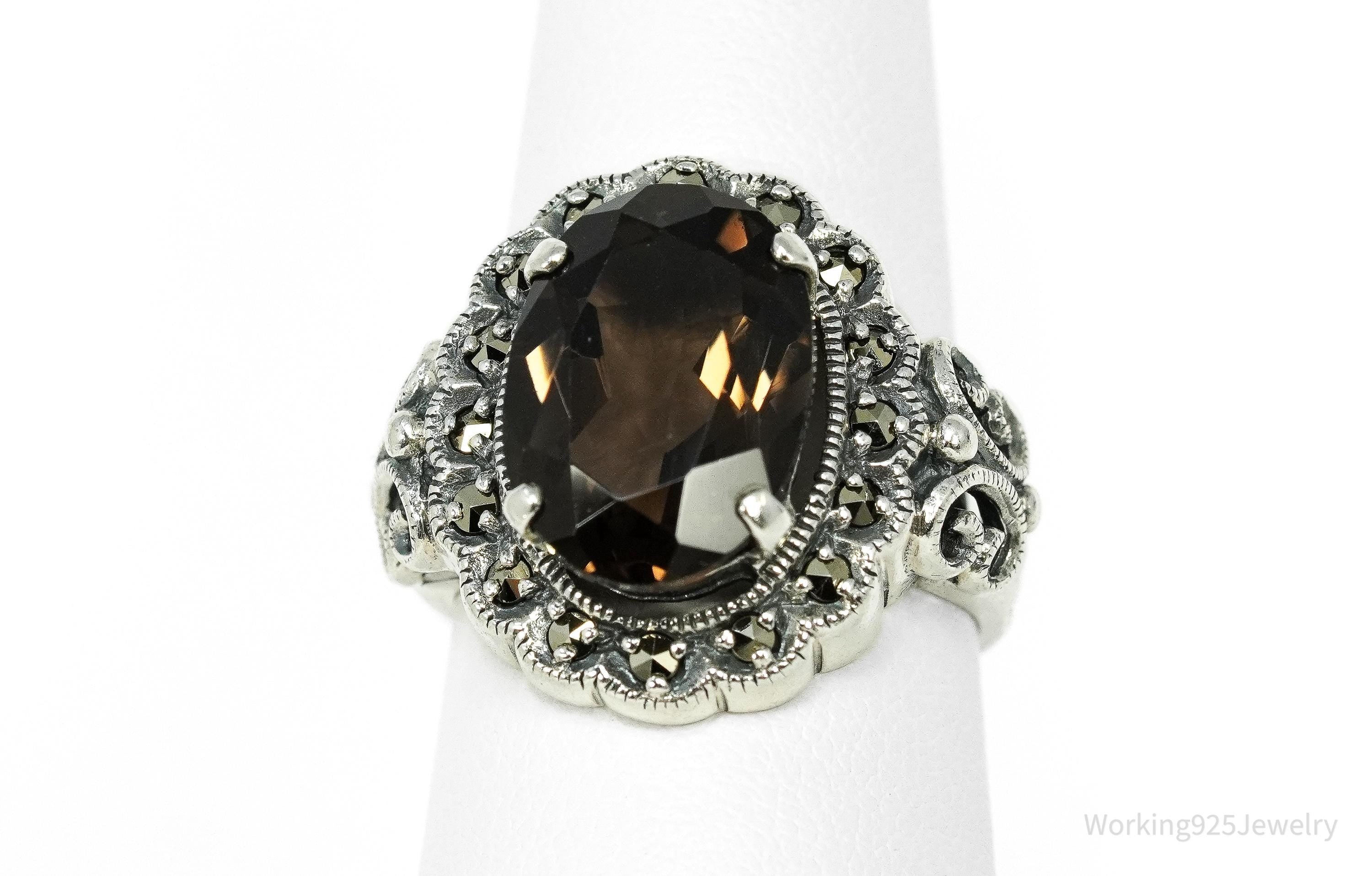 Vintage Large Smoky Topaz & Marcasite Sterling Silver Ring - Size 7.25
