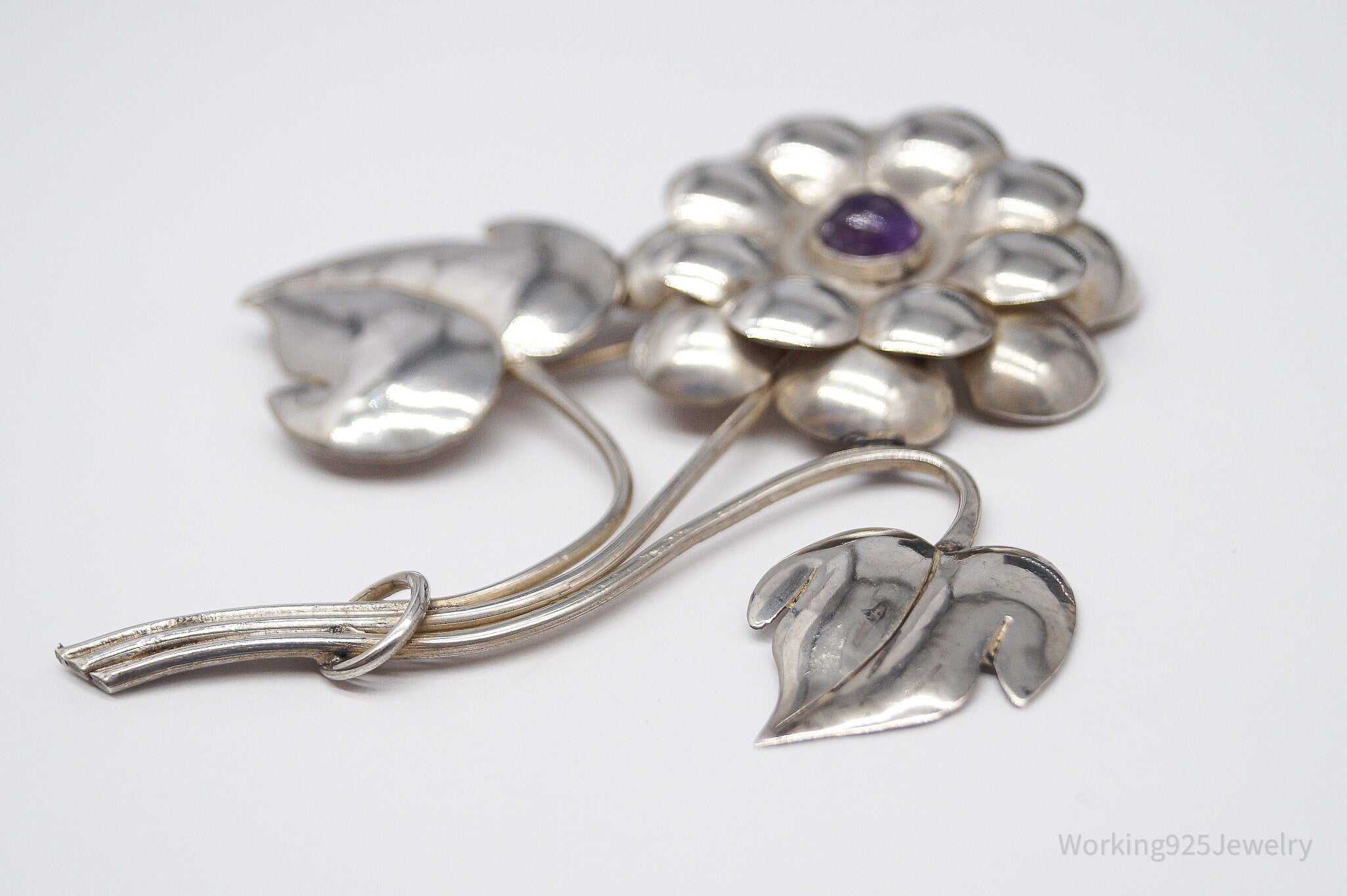 Large Vintage Mexico Modernist Flower Amethyst & Sterling Silver Brooch Pin