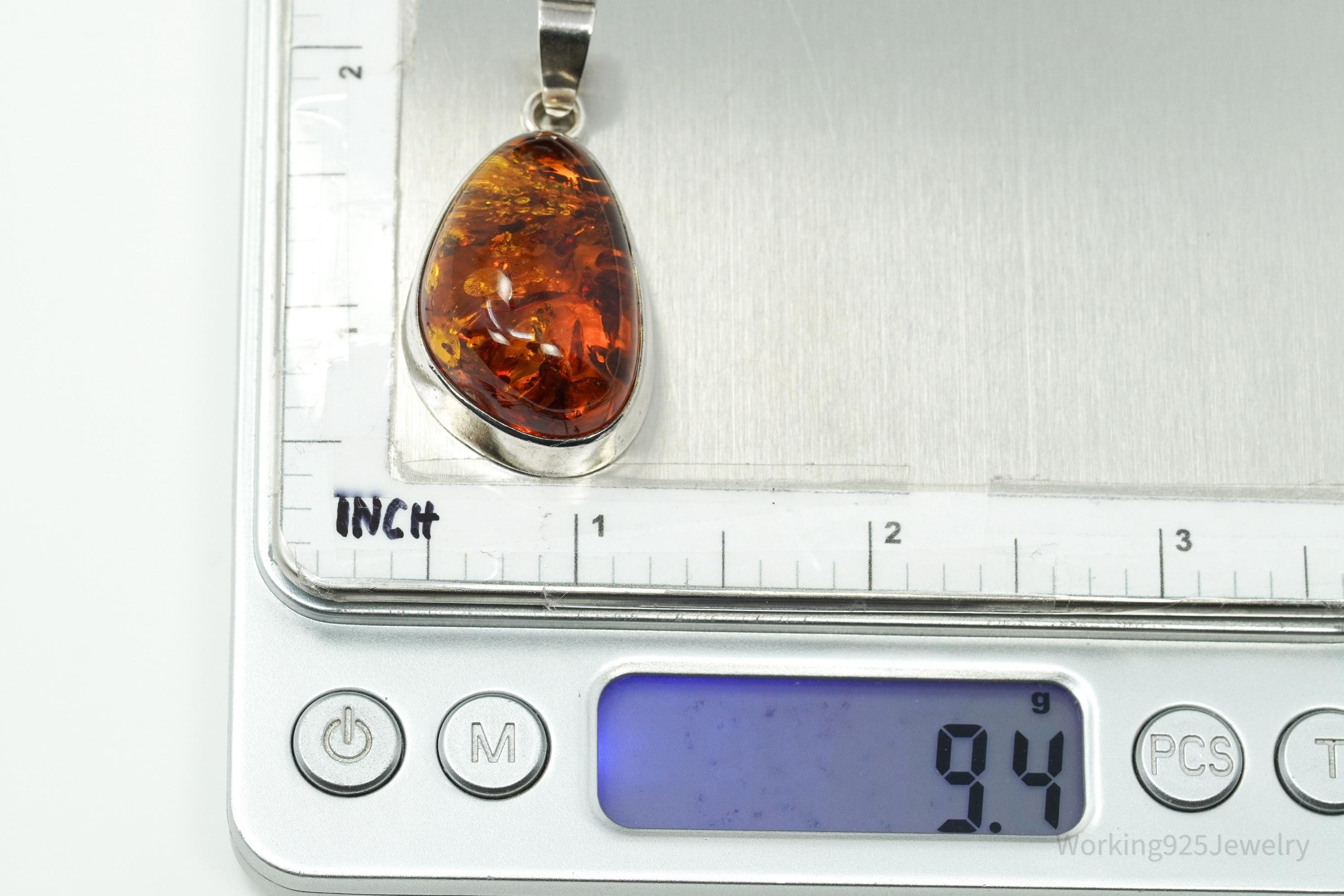 Large Vintage Modernist Amber Sterling Silver Pendant