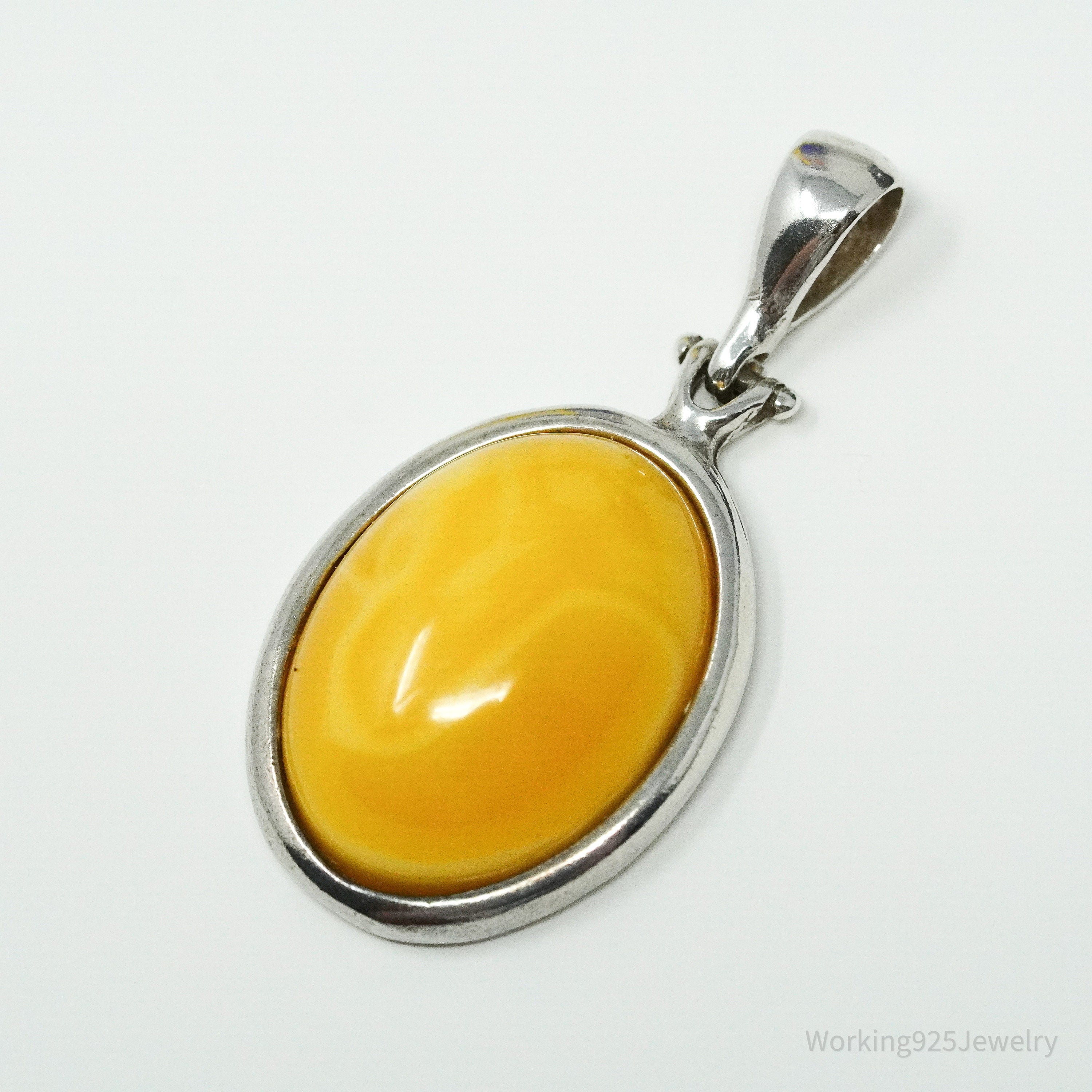Vintage Yellow Amber Modernist Sterling Silver Necklace Pendant