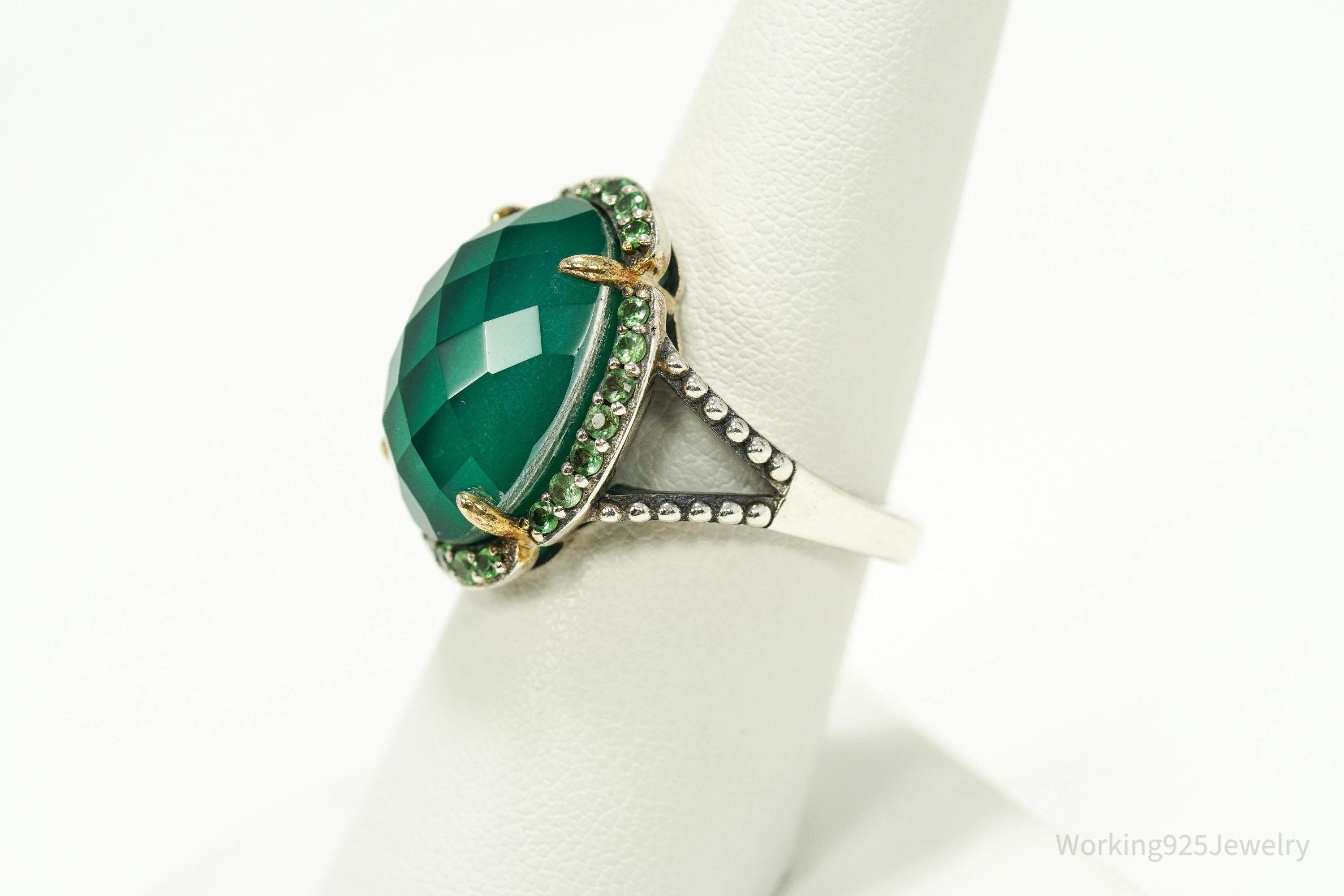 Vintage Green Chrysoprase & Peridot Gold Vermeil Sterling Silver Ring - Size 7