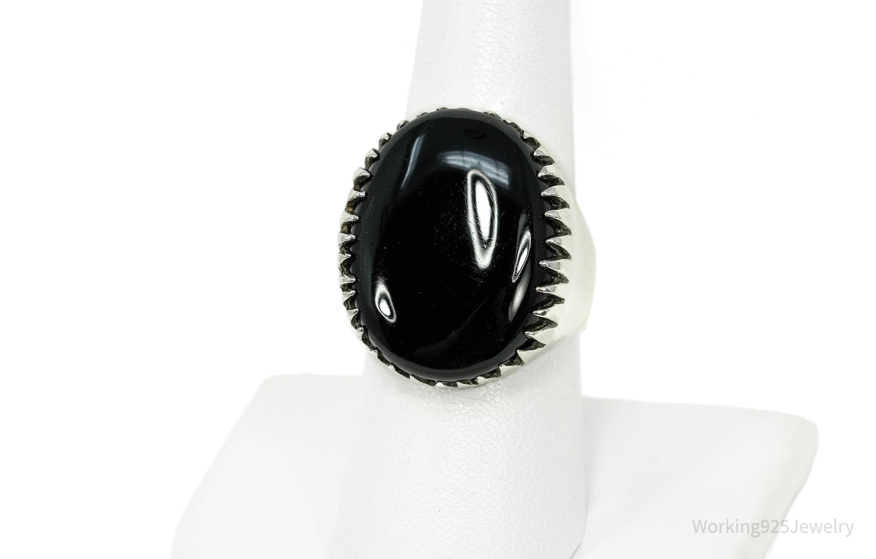 Vintage Large Black Onyx Sterling Silver Ring - Size 8.25