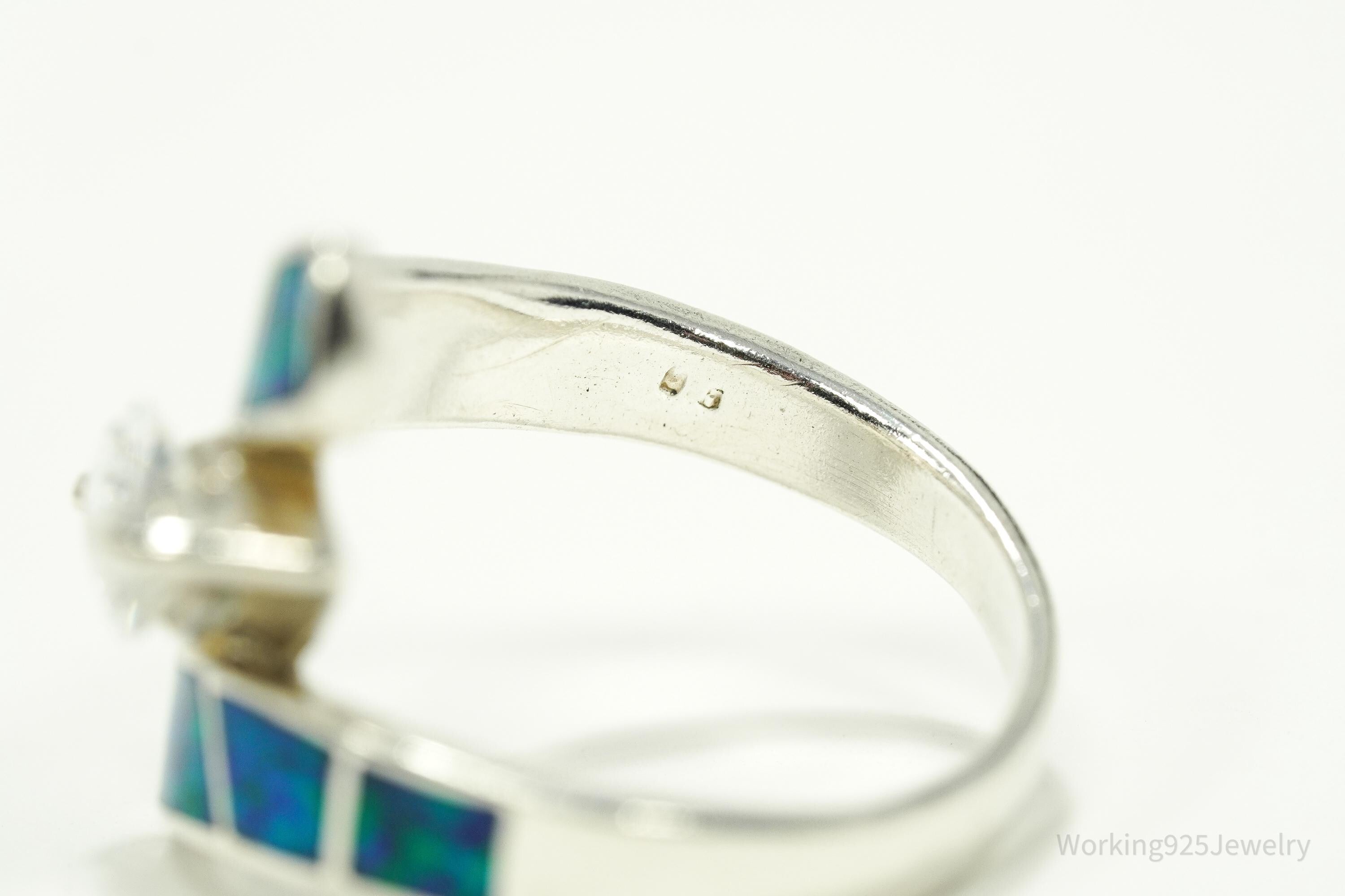 Vintage Cubic Zirconia & Opal Inlay Sterling Silver Ring - Size 8